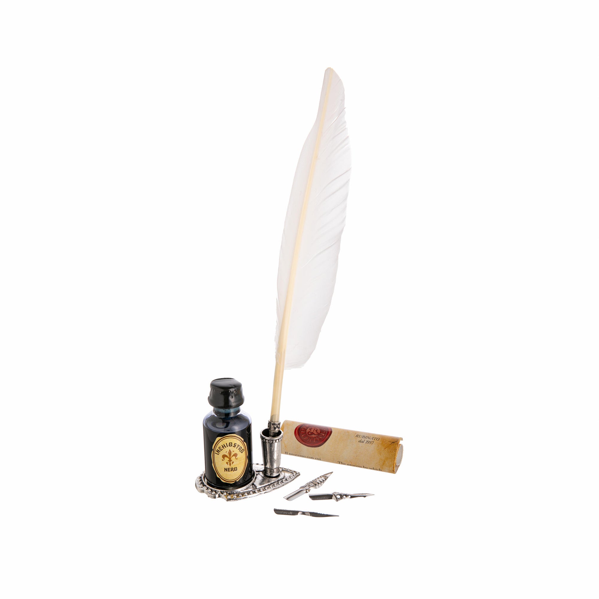 Quill pen and ink set with four nibs, inspired by William Shakespeare, on a white background.
