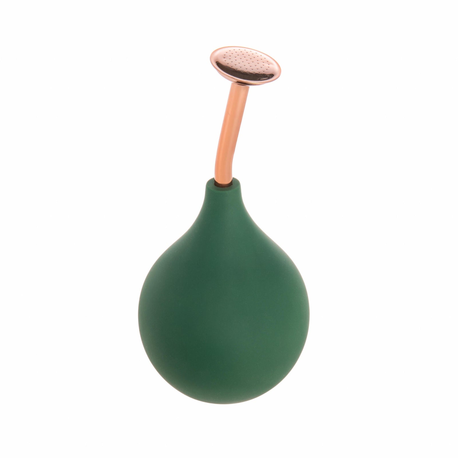 Green teardrop-shaped plant mister with a copper-colored top on a white background