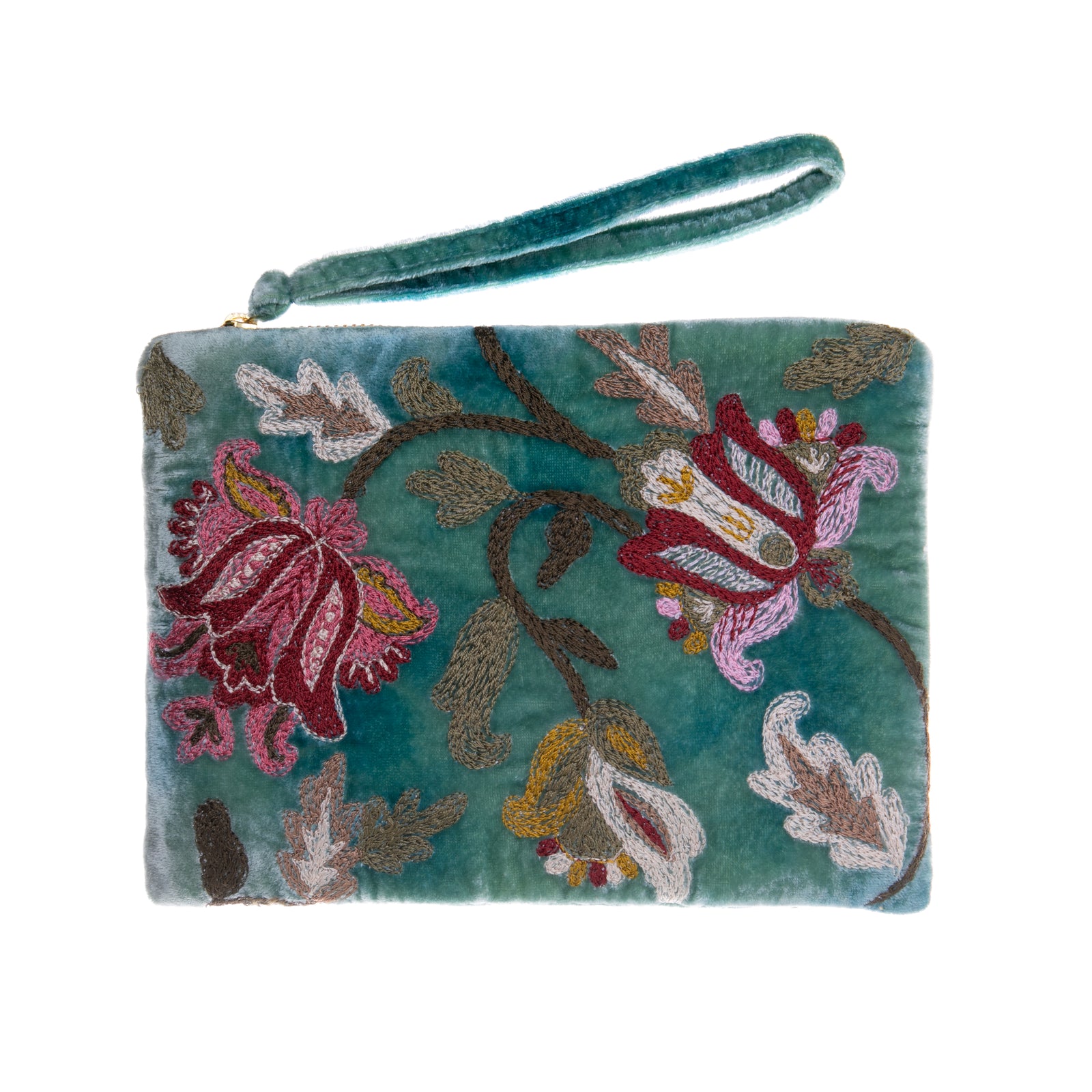 This luxurious silk velvet zipper purse is adorned with striking floral embroidery. It has a generously sized 'wristlet' loop on the zipper for easy and comfortable carrying. Small enough to use as a chic evening purse, large enough to fit a cell phone, cards, cosmetics, keys and other essentials. Dimensions: 6" x 8".