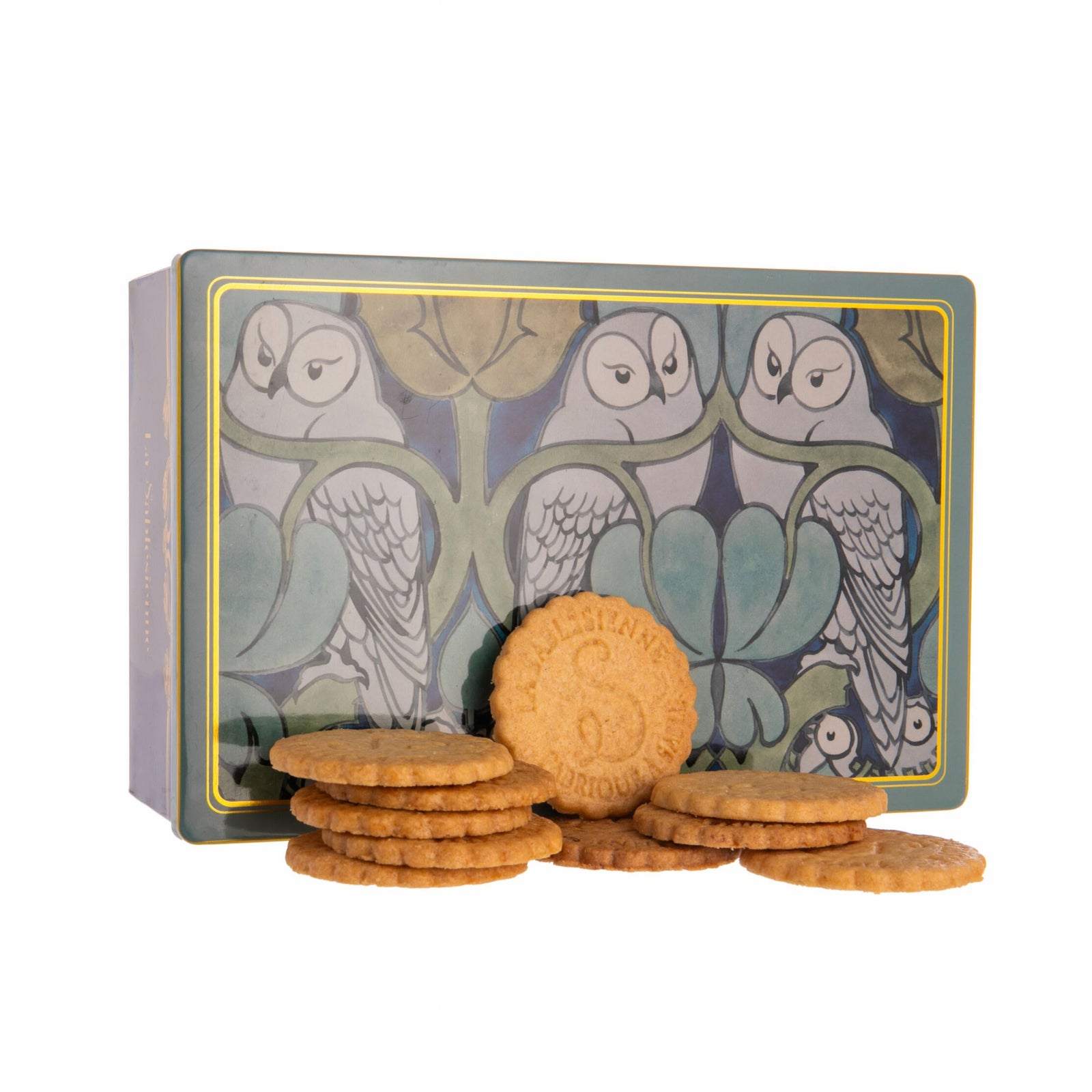 Box of cookies with a decorative owl design on the lid
