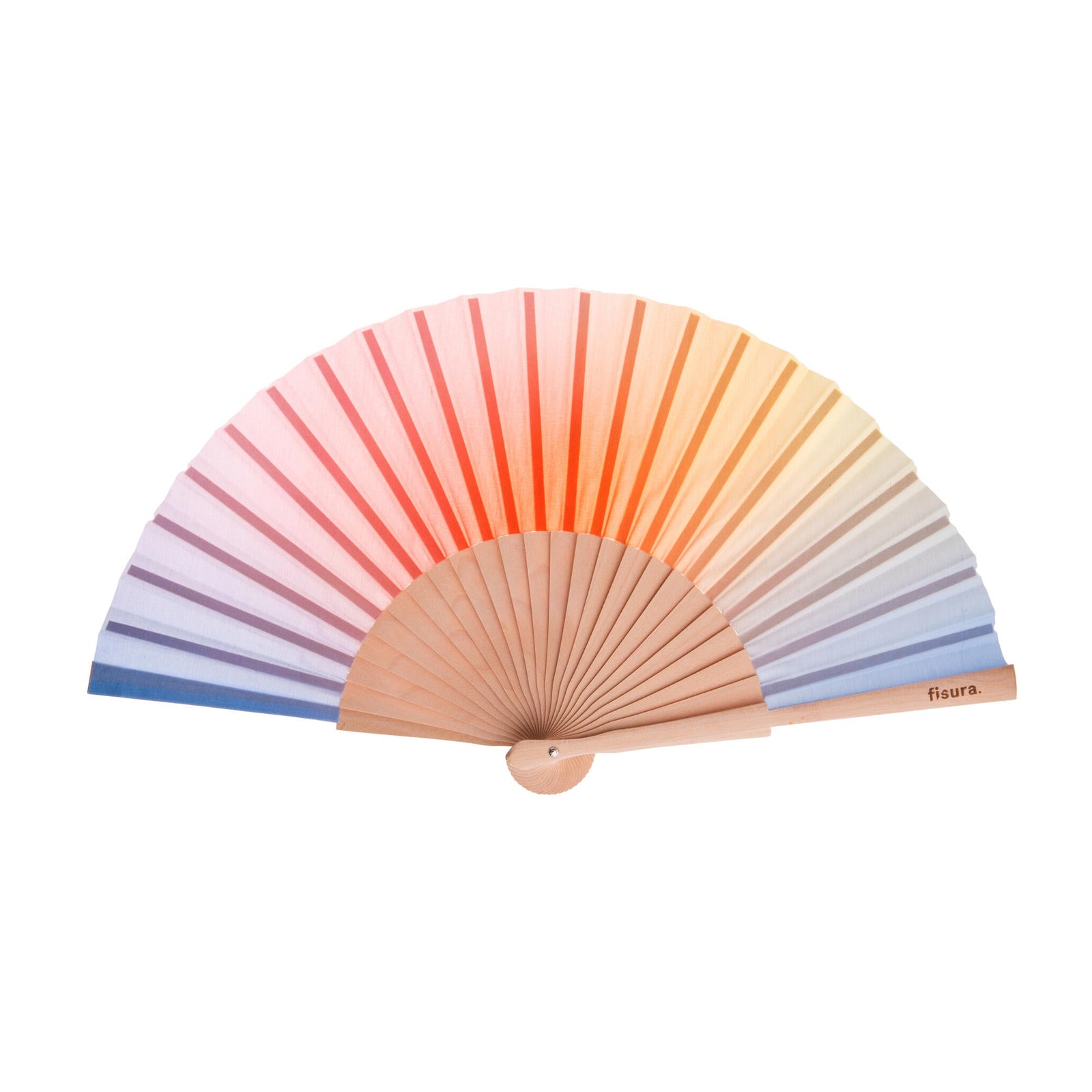 Hand fan with gradient colors from blue to orange on a white background