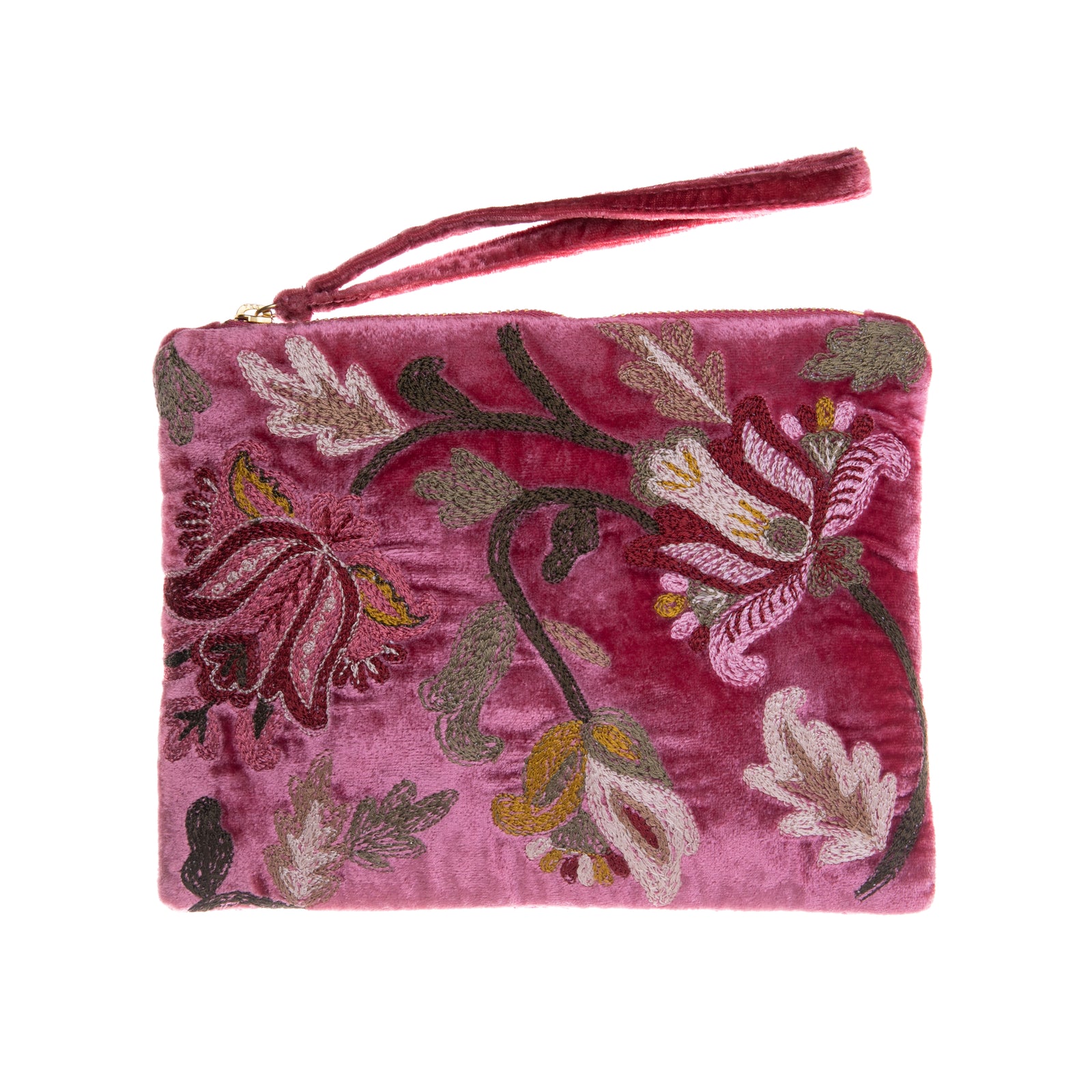 This luxurious silk velvet zipper purse is adorned with striking floral embroidery. It has a generously sized 'wristlet' loop on the zipper for easy and comfortable carrying. Small enough to use as a chic evening purse, large enough to fit essentials. Zipper closure with wristlet strap Dimensions: 6" x 8".