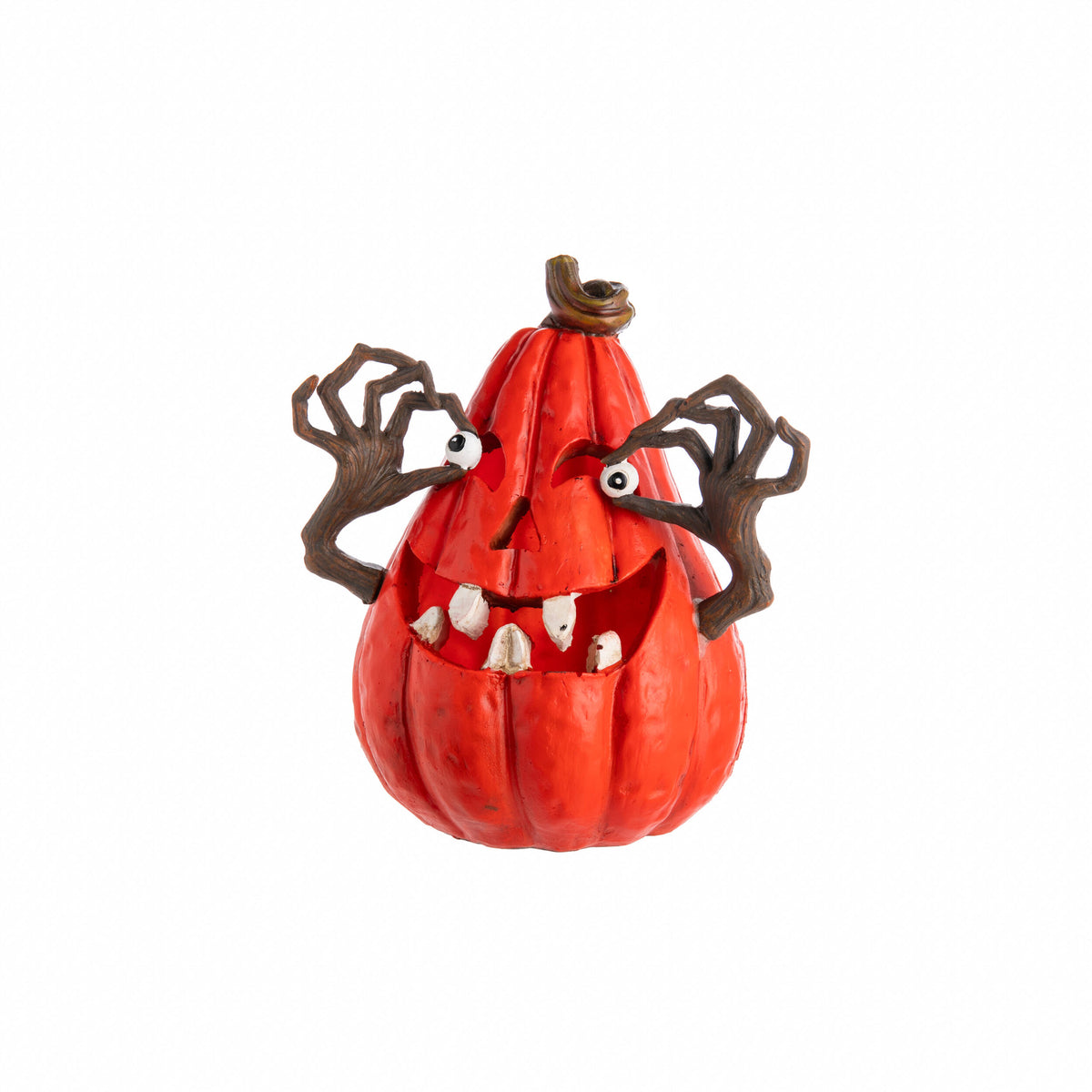 Novelty pumpkin with monster face and arms on a white background