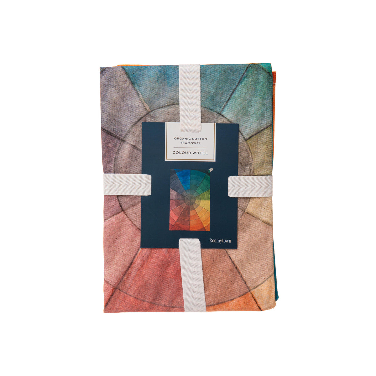 Colorful fabric swatch book with a label on a white background