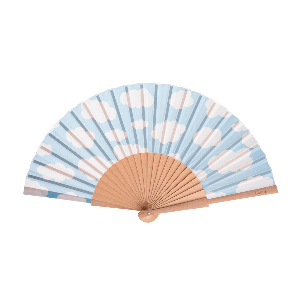 Handheld fan with blue and white cloud and sky design on a white background