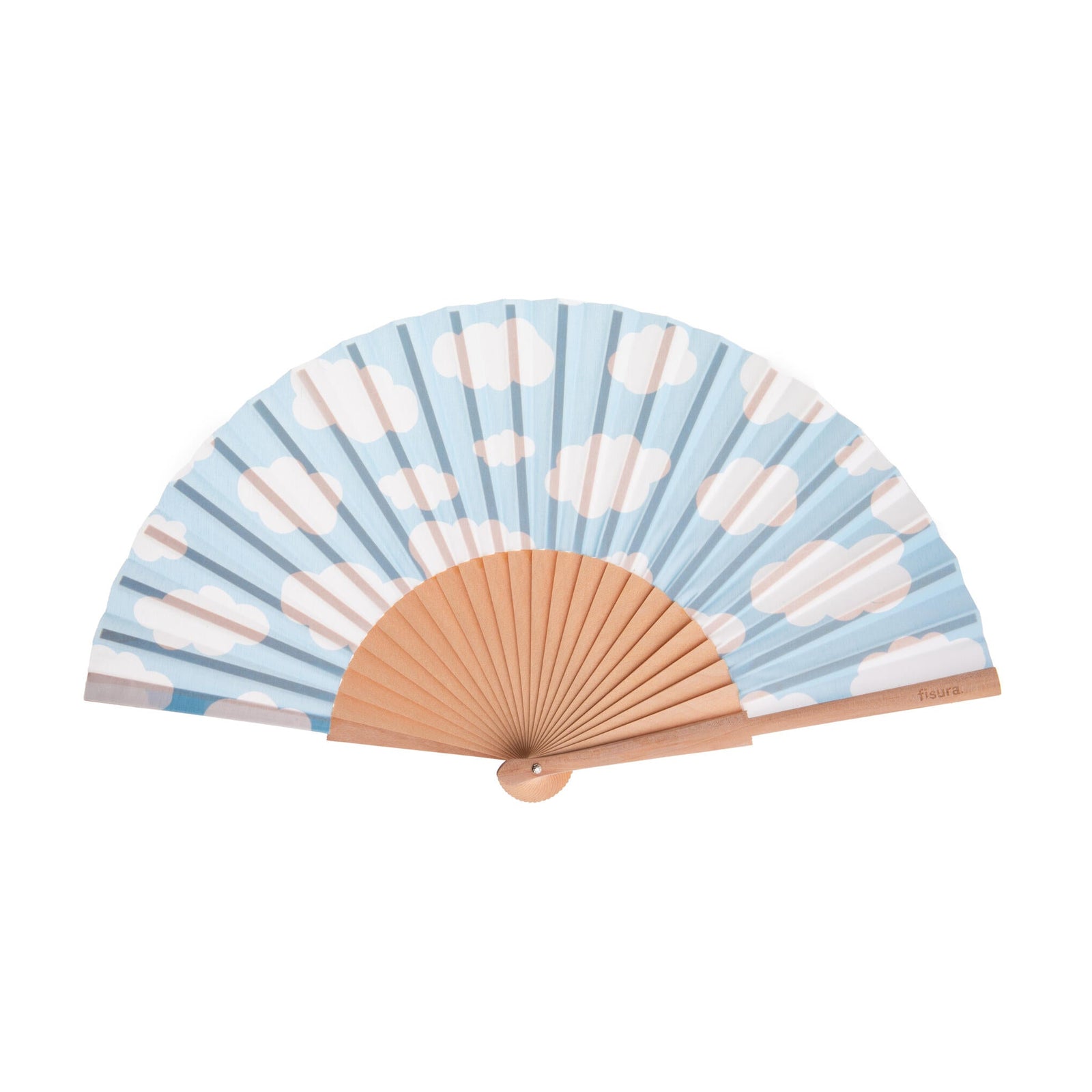 Handheld fan with blue and white cloud and sky design on a white background