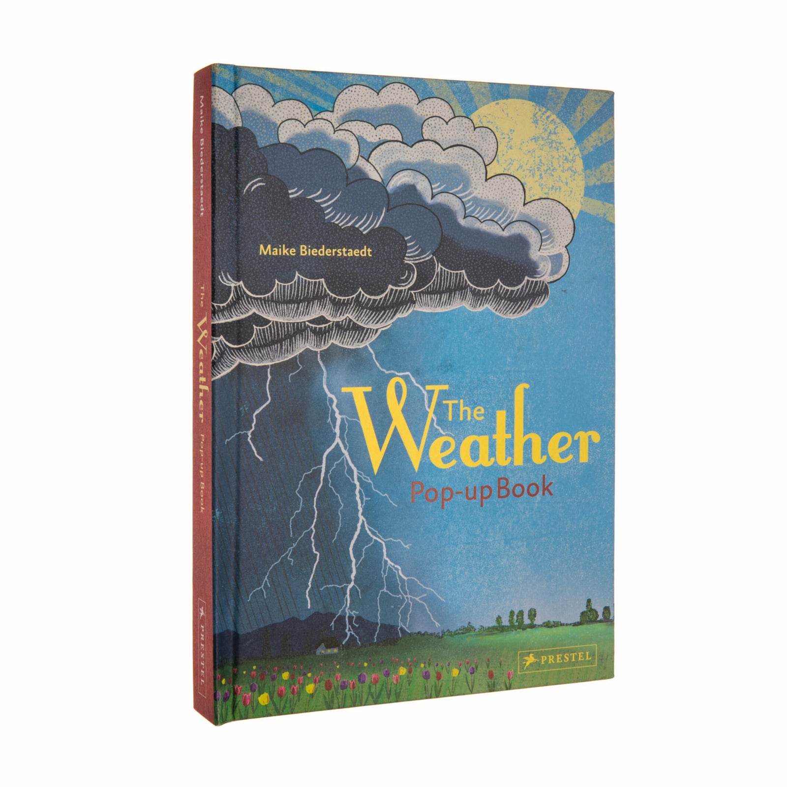 Pop-up book titled 'The Weather' with cloud and lightning design on a blue background.