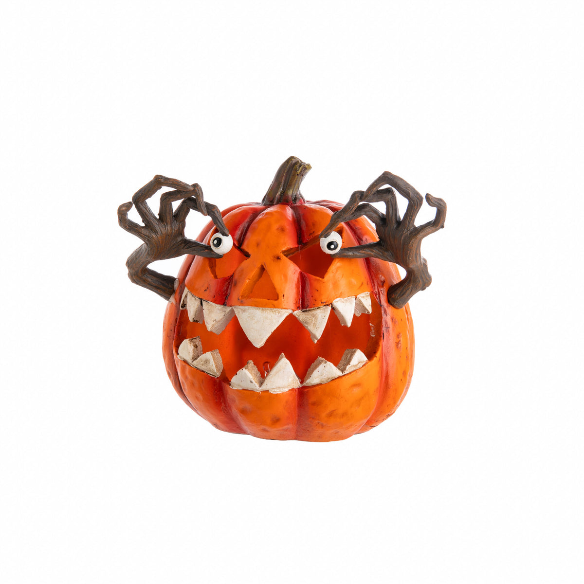 Halloween-themed pumpkin with carved face and antlers on a white background