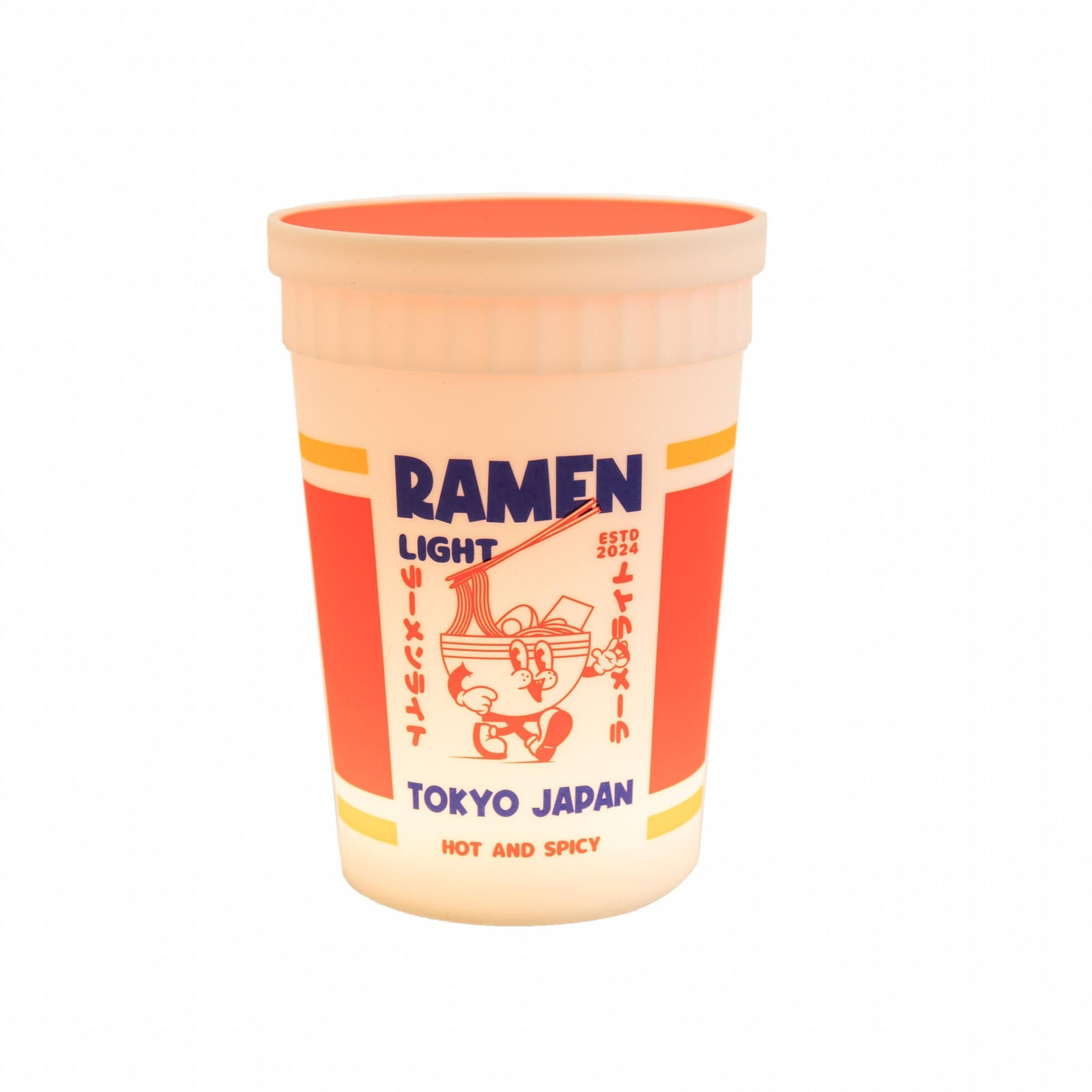 Cup and box of Ramen Light from Tokyo, Japan on a white background