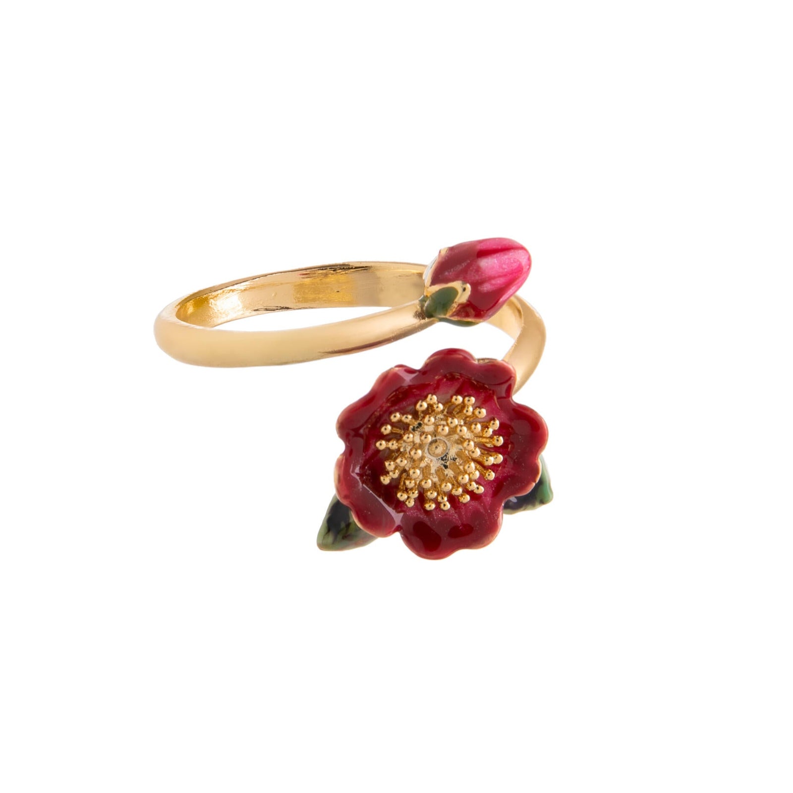 Gold ring with a red flower-shaped gemstone on a white background