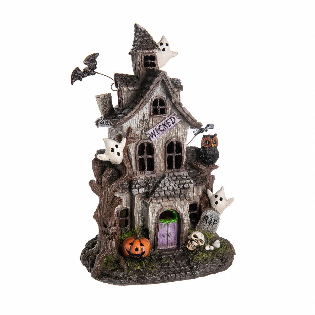 Halloween-themed miniature house with ghosts, pumpkins, and bats on a white background