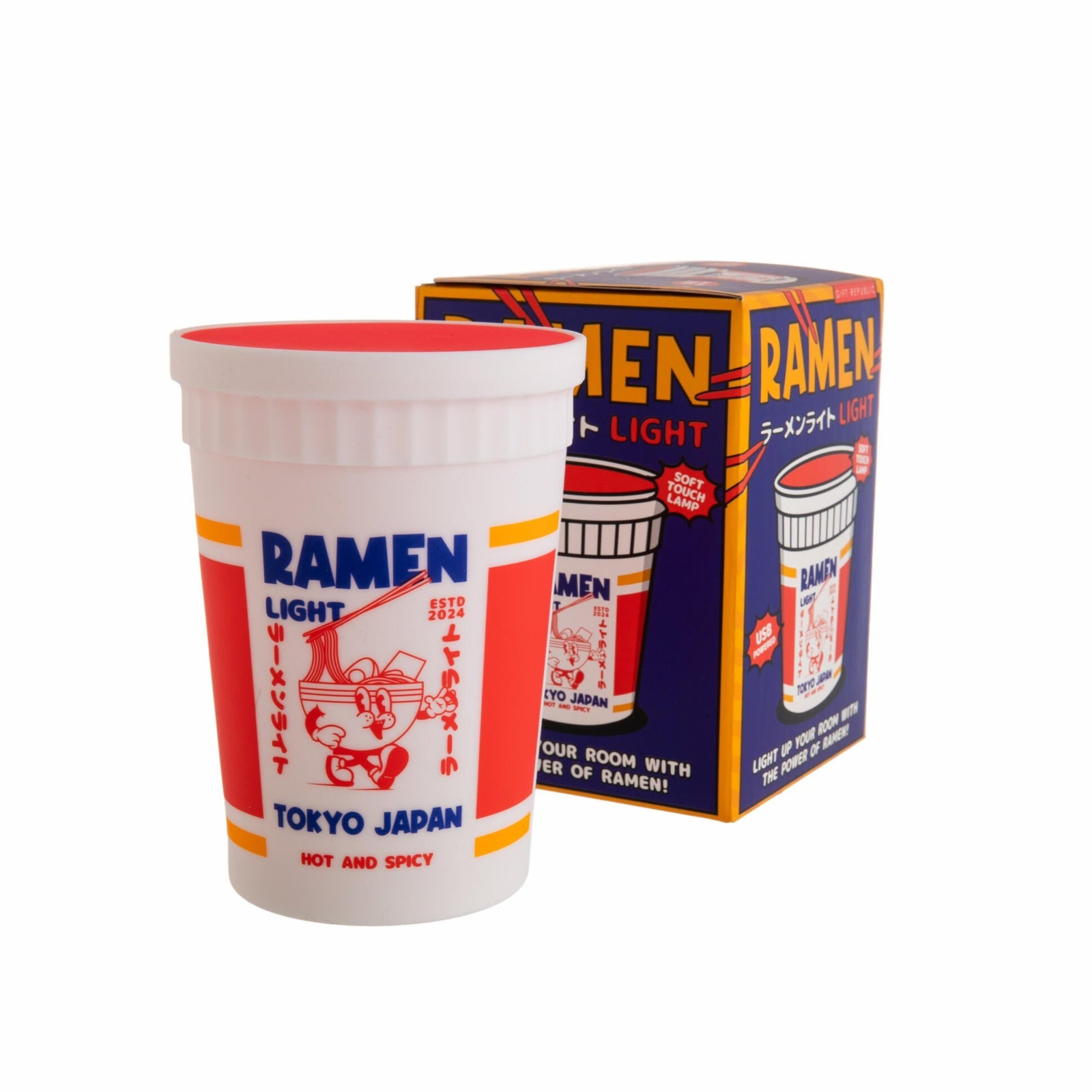Cup and box of Ramen Light from Tokyo, Japan on a white background