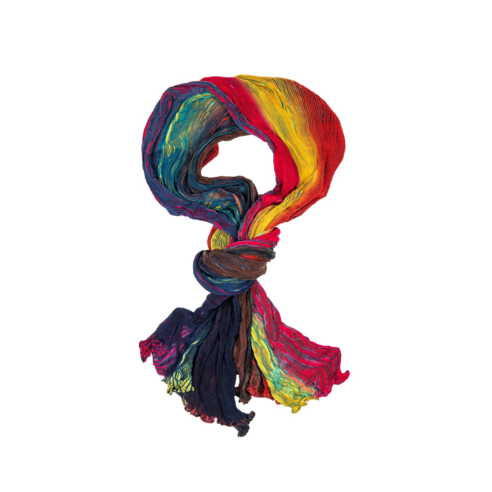 This striking silk scarf is made using the shibori dyeing technique. The word shibori means “to wring, squeeze, and press,” referring to the traditional, manual Japanese dyeing technique. This technique produces multitone patterns on fabric and is similar to yet more intricate than tie-dyeing. 100% silk scarf Shibori dyed, so each scarf is unique (scarves may vary slightly from the photos) Dimensions: 78.5" x 27.5"