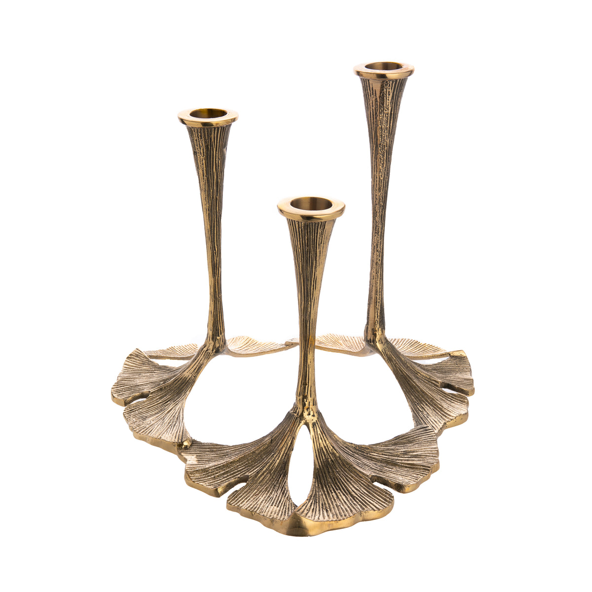 A bronze-colored recycled brass triple Ginkgo leaf candle holder with three candle slots.