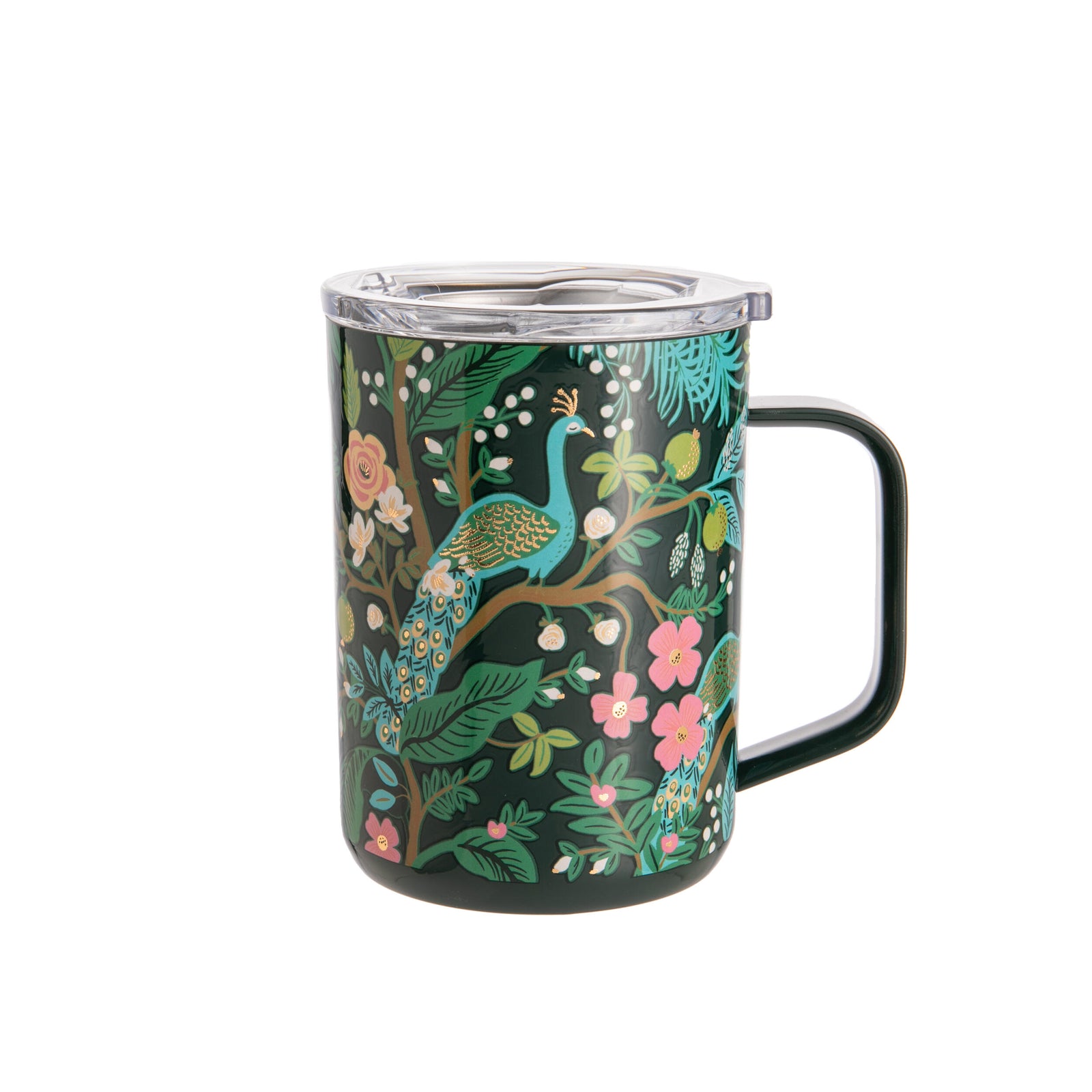 Travel mug with peacock and floral design on a white background