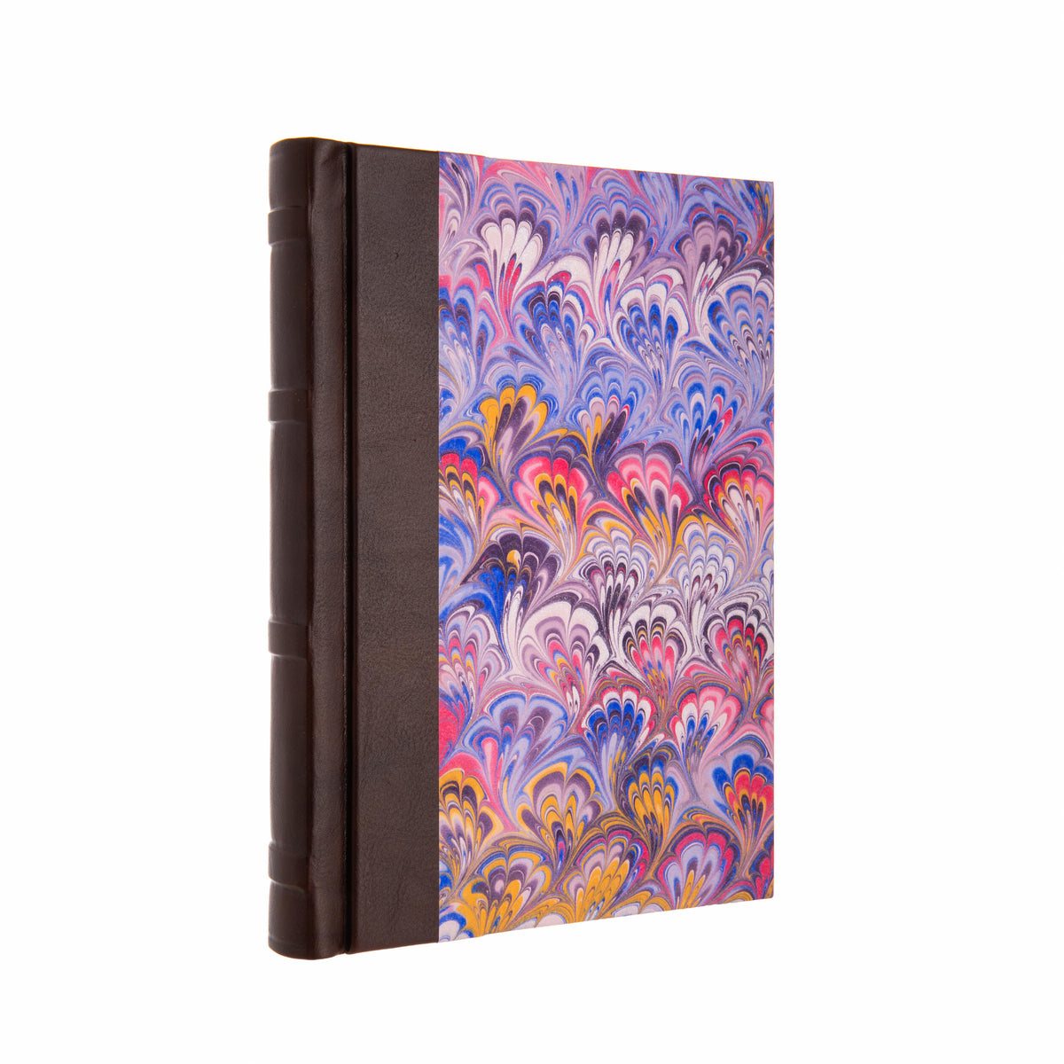 Notebook with a colorful marbled design on a white background