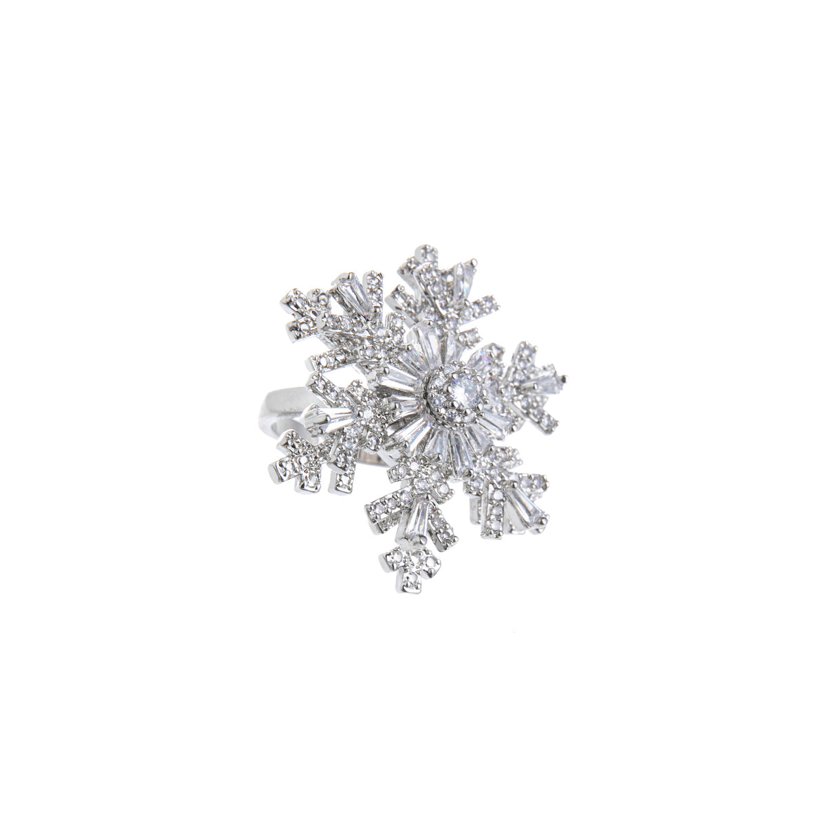 Silver snowflake-shaped ring on a white background