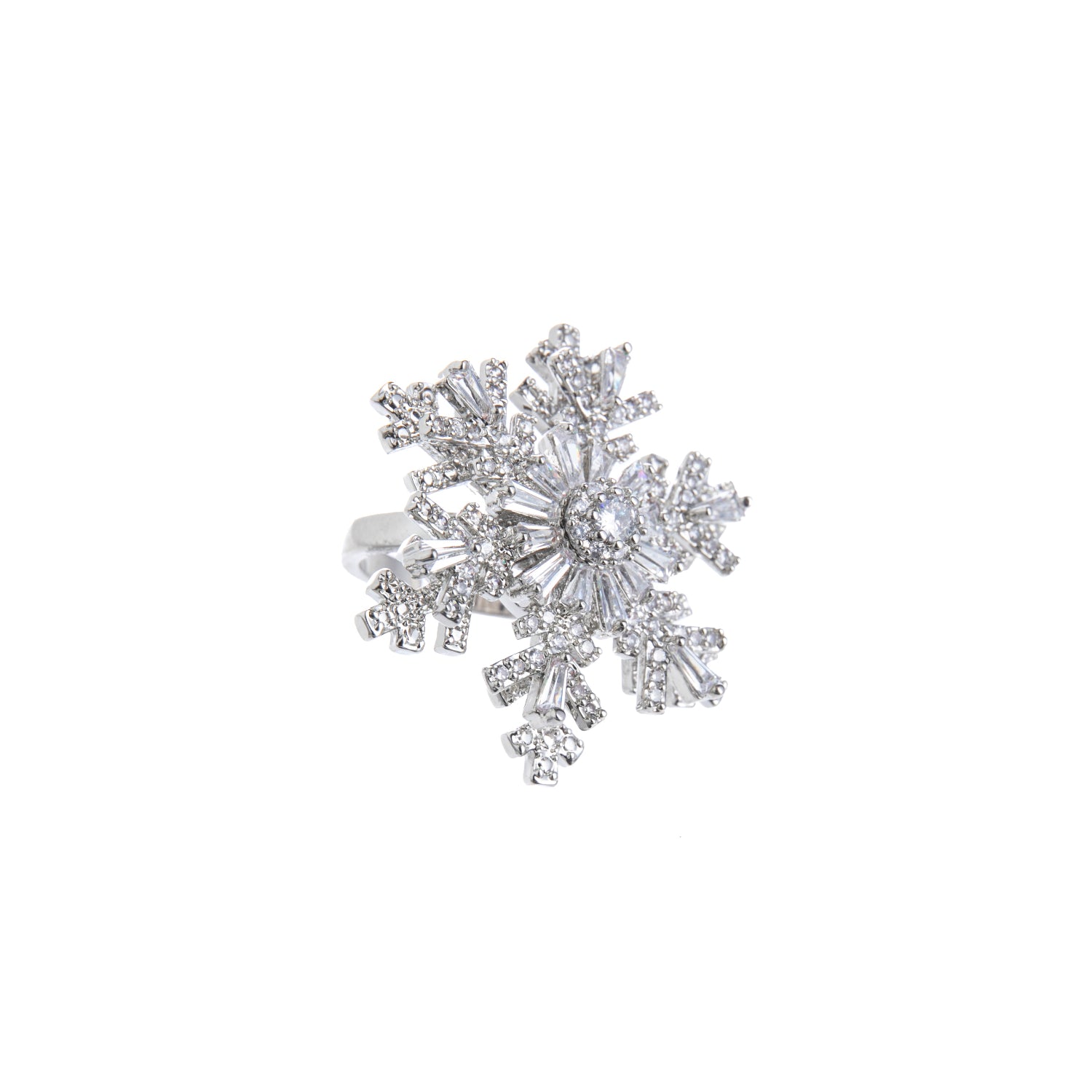 Silver snowflake-shaped ring on a white background