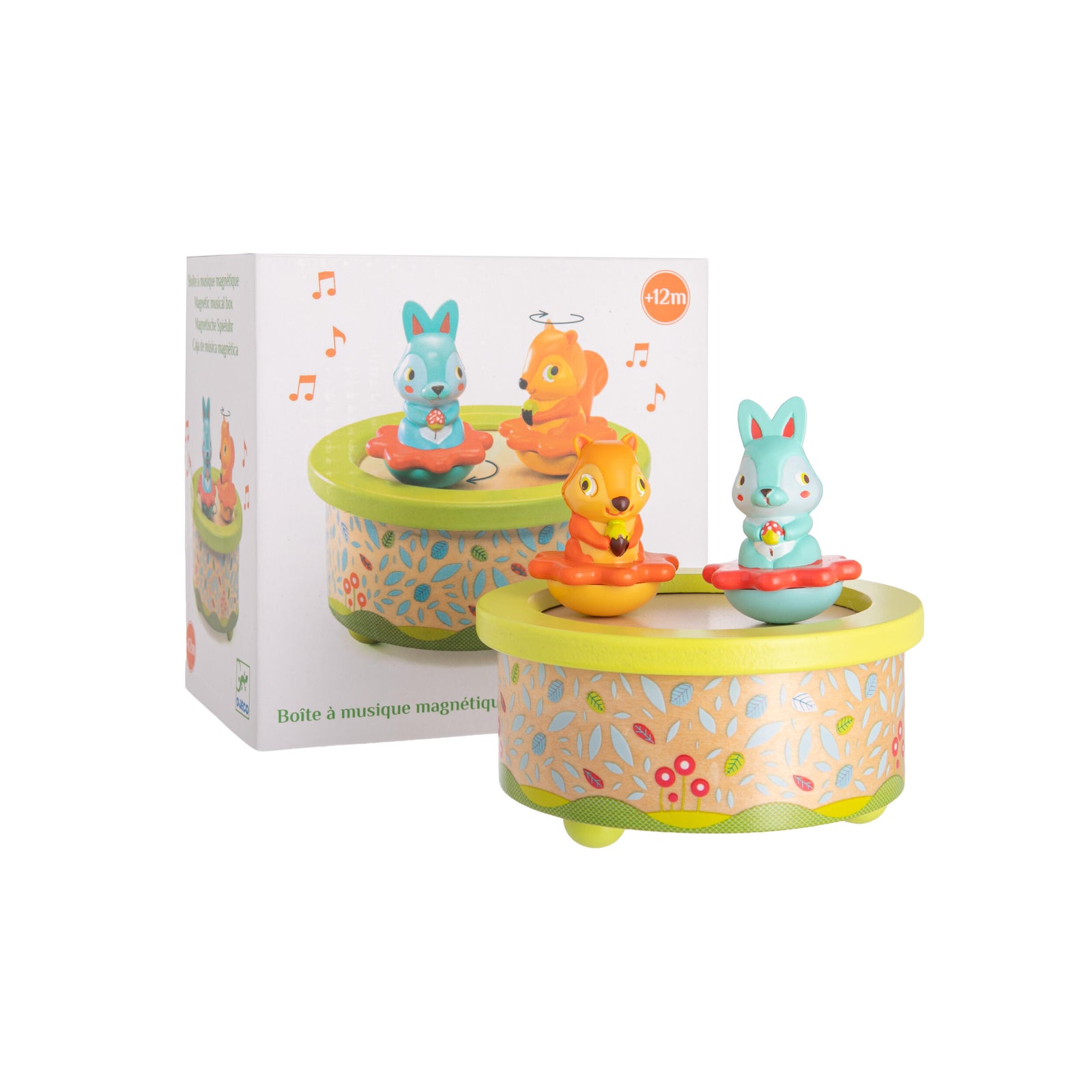 Colorful toy with magnetic animals on a floral-patterned base, next to its packaging.
