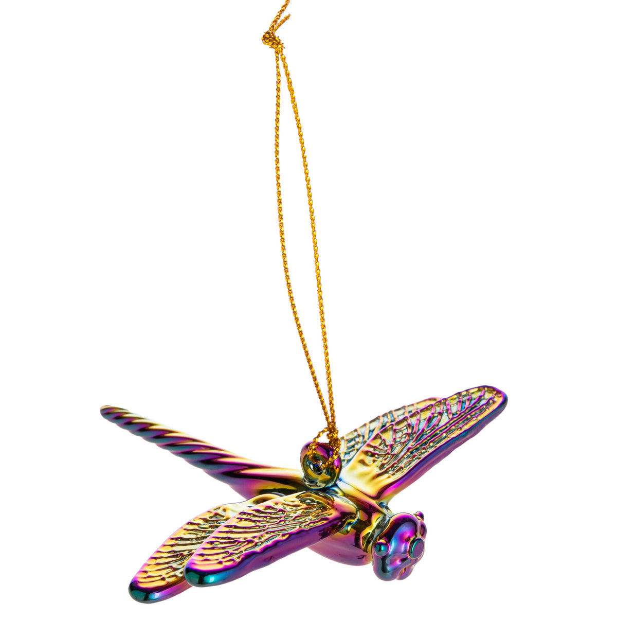 In many cultures, the Dragonfly symbolizes positive change and self-realization, as well as emotional maturity and the understanding of the deeper meaning of life. Add these positive vibes to your holiday decor with this chromatic glass dragonfly, which changes color in the light as it turns. Handmade. 3&quot; x 3.5&quot;.