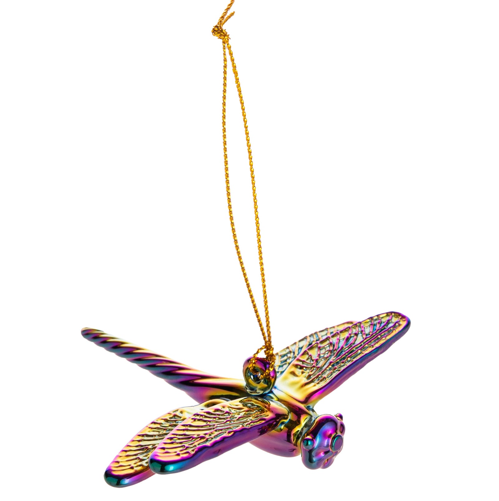 In many cultures, the Dragonfly symbolizes positive change and self-realization, as well as emotional maturity and the understanding of the deeper meaning of life. Add these positive vibes to your holiday decor with this chromatic glass dragonfly, which changes color in the light as it turns. Handmade. 3" x 3.5".