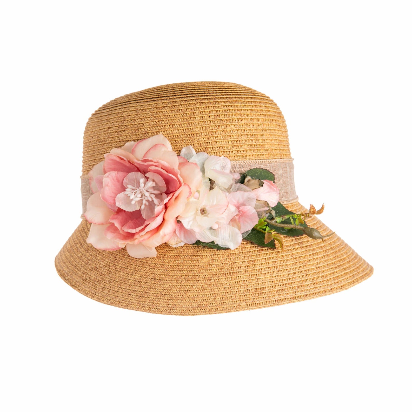 This elegant woven straw hat is perfect for summer evening strolls, weddings, outdoor events, and everyday sun protection. Made from a durable, breathable and packable paper straw, you can throw it into your beach bag, or keep in your car for whenever you need some extra stylish sun protection. With an elegant asymmetrical cloche shape, this hat features a rose trim and a linen-look hatband.