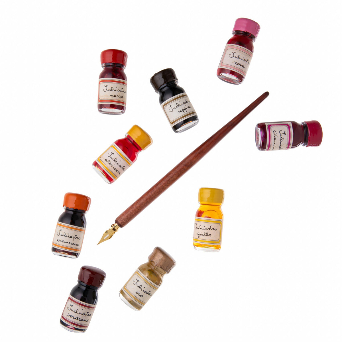 Collection of ink bottles with a fountain pen on a white background