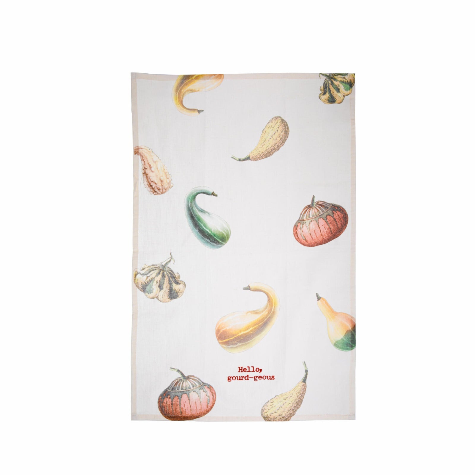 This whimsical cotton linen blend kitchen towel features an all-over retro style gourd design and punny embroidered "Hello, gourd-geous" sentiment.