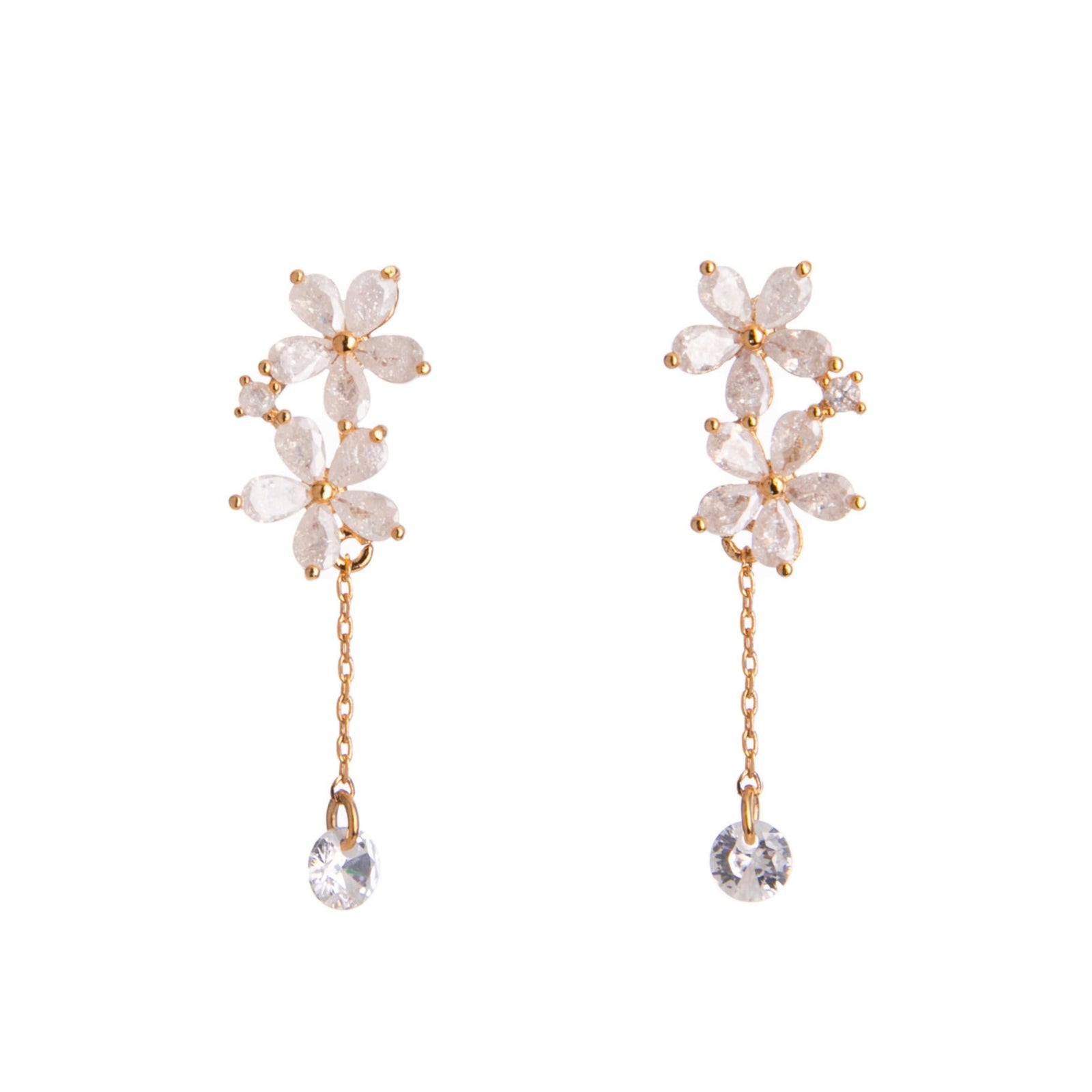 Pair of floral earrings with gold accents on a white background