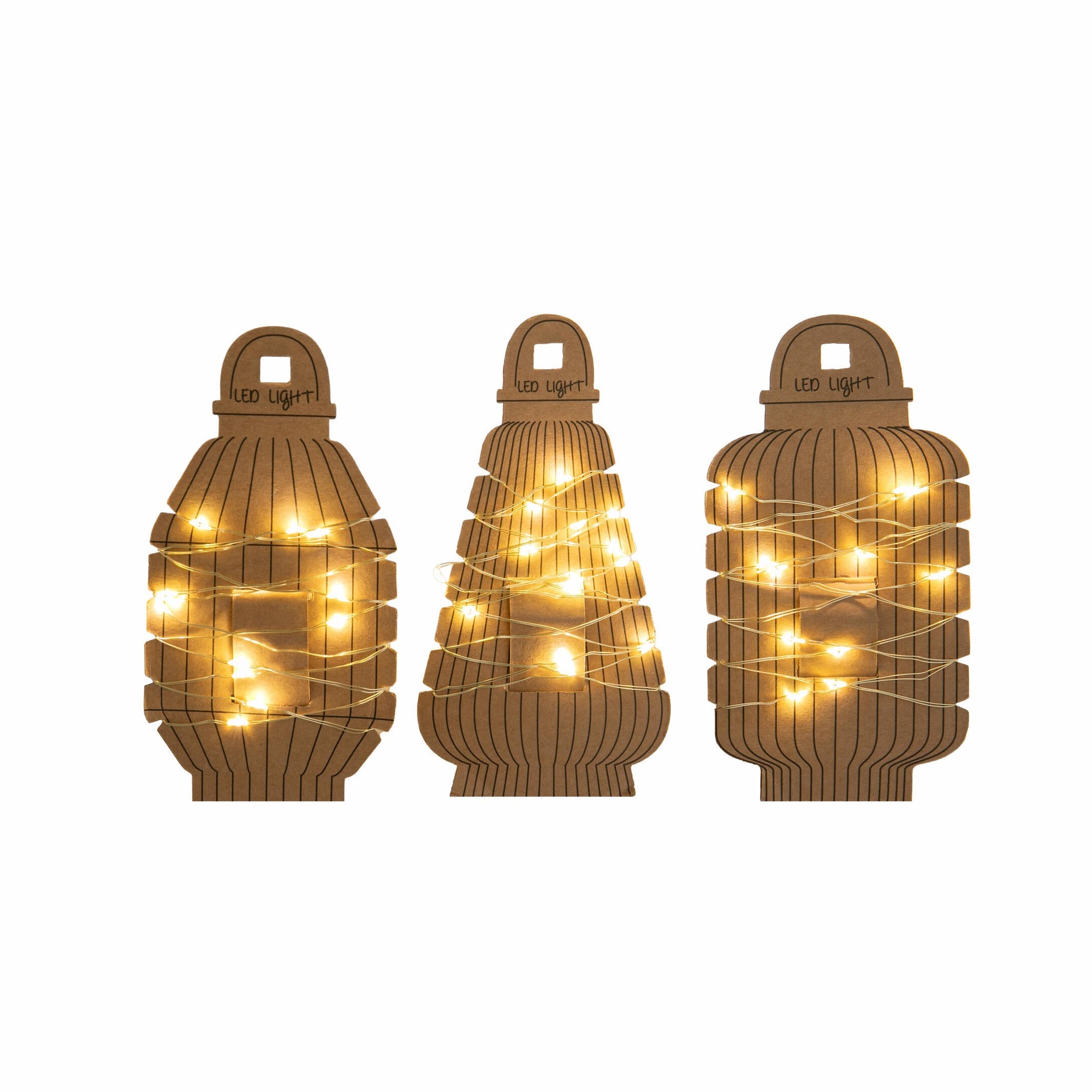 Sets of miniature LED string lights on lantern shaped backing cards, on a white background.
