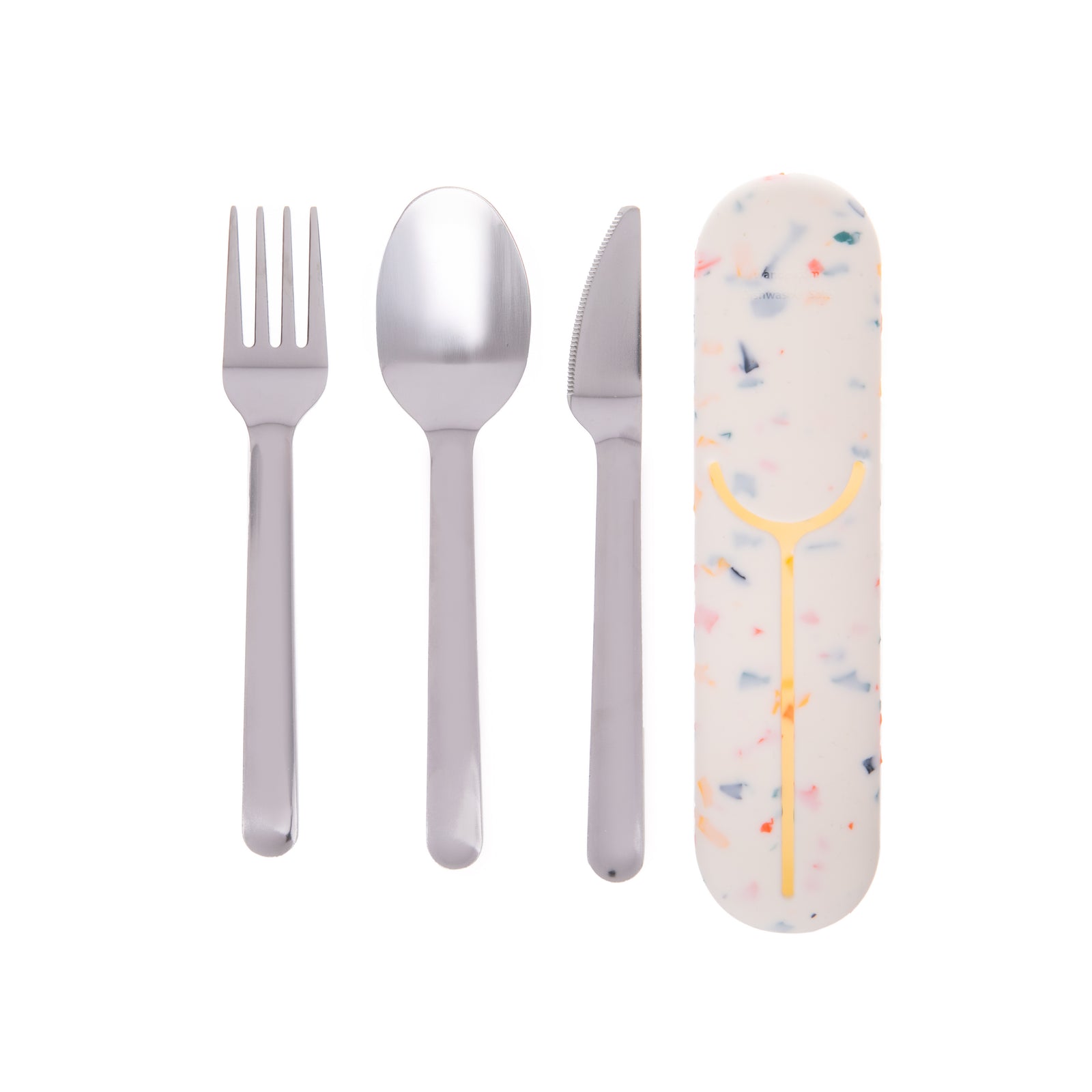 Put a fork in single-use waste with this sleek set of stainless steel silverware, housed in an attractive silicone case. The sturdy fork, sharp knife, and rounded spoon make every meal feel special, whether you’re camping, traveling, or working. Dishwasher Safe. Reusable. Dimensions: 7.5 x 2 x 0.5 inches.