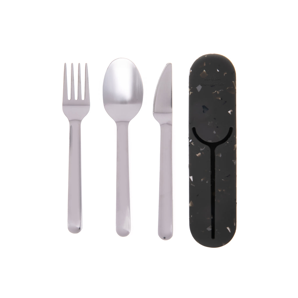 Put a fork in single-use waste with this sleek set of stainless steel silverware, housed in an attractive silicone case. The sturdy fork, sharp knife, and rounded spoon make every meal feel special, whether you’re camping, traveling, or working. Dishwasher Safe. Reusable. Dimensions: 7.5 x 2 x 0.5 inches.