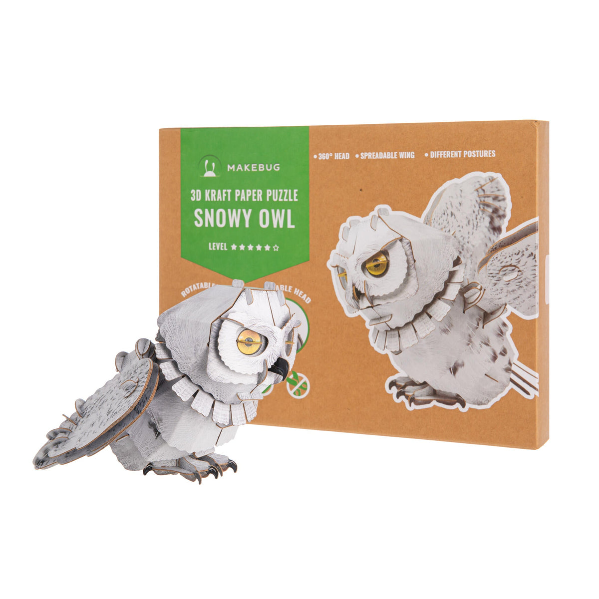 Makebug snowy owl 3D paper puzzle with packaging on a white background