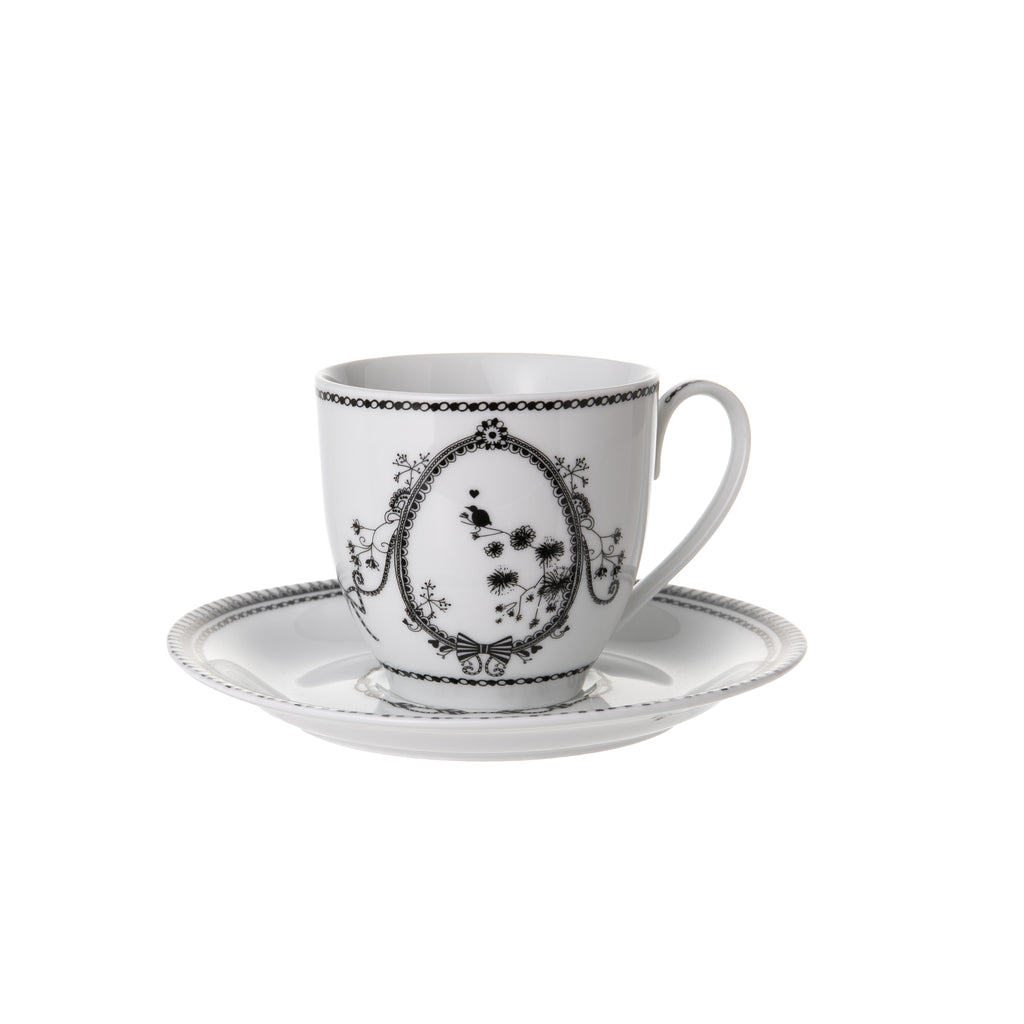 There's always time for tea when your teacup looks this good! This white and black dinnerware collection mixes modern femininity, high fashion and floral designs. Create your own custom tablescape using a stylish assortment of these mix-and-match pieces. 5.75" x 3" high | 7 oz.  Grade A Porcelain. Dishwasher safe.