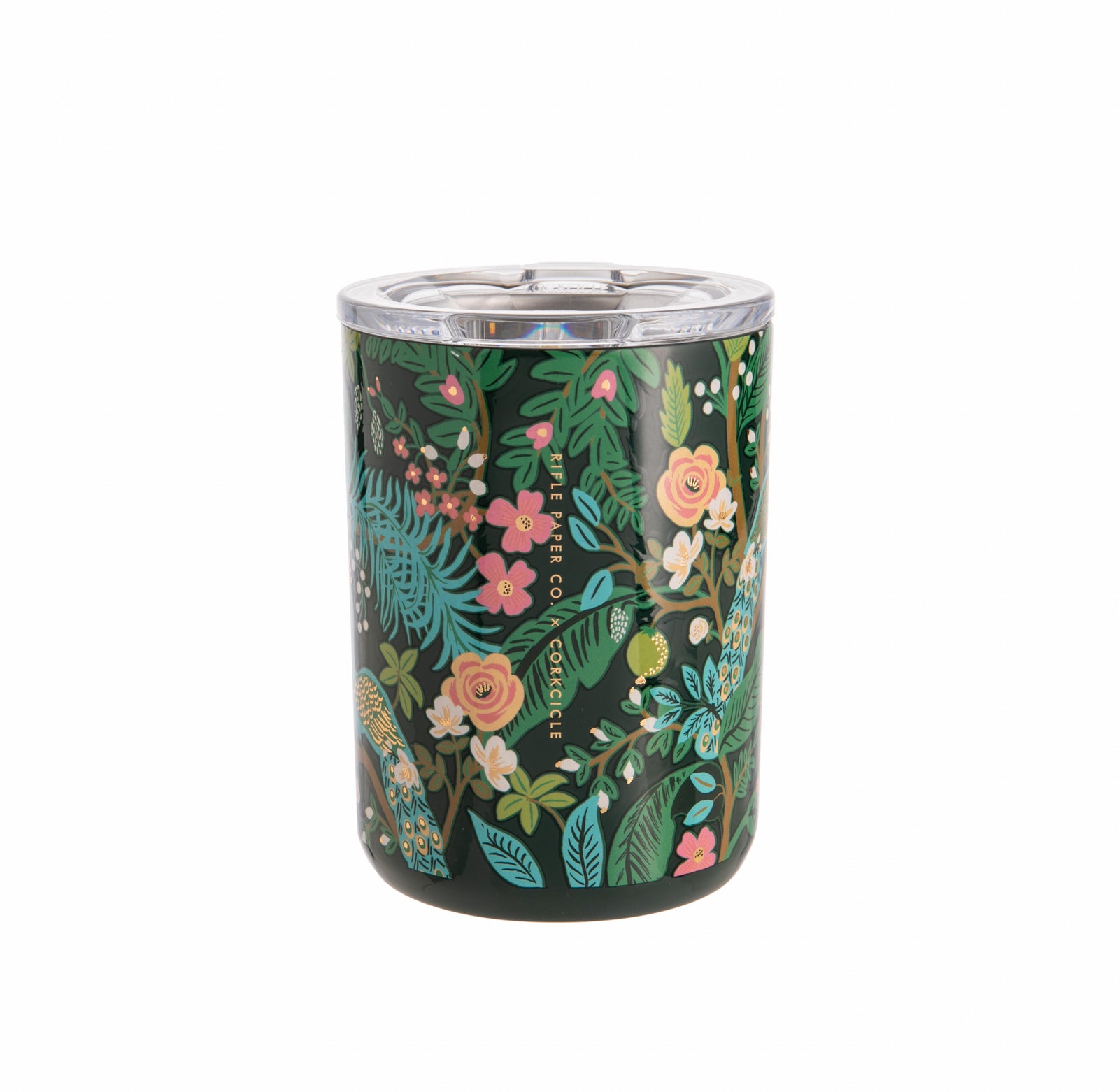 Travel mug with peacock and floral design on a white background