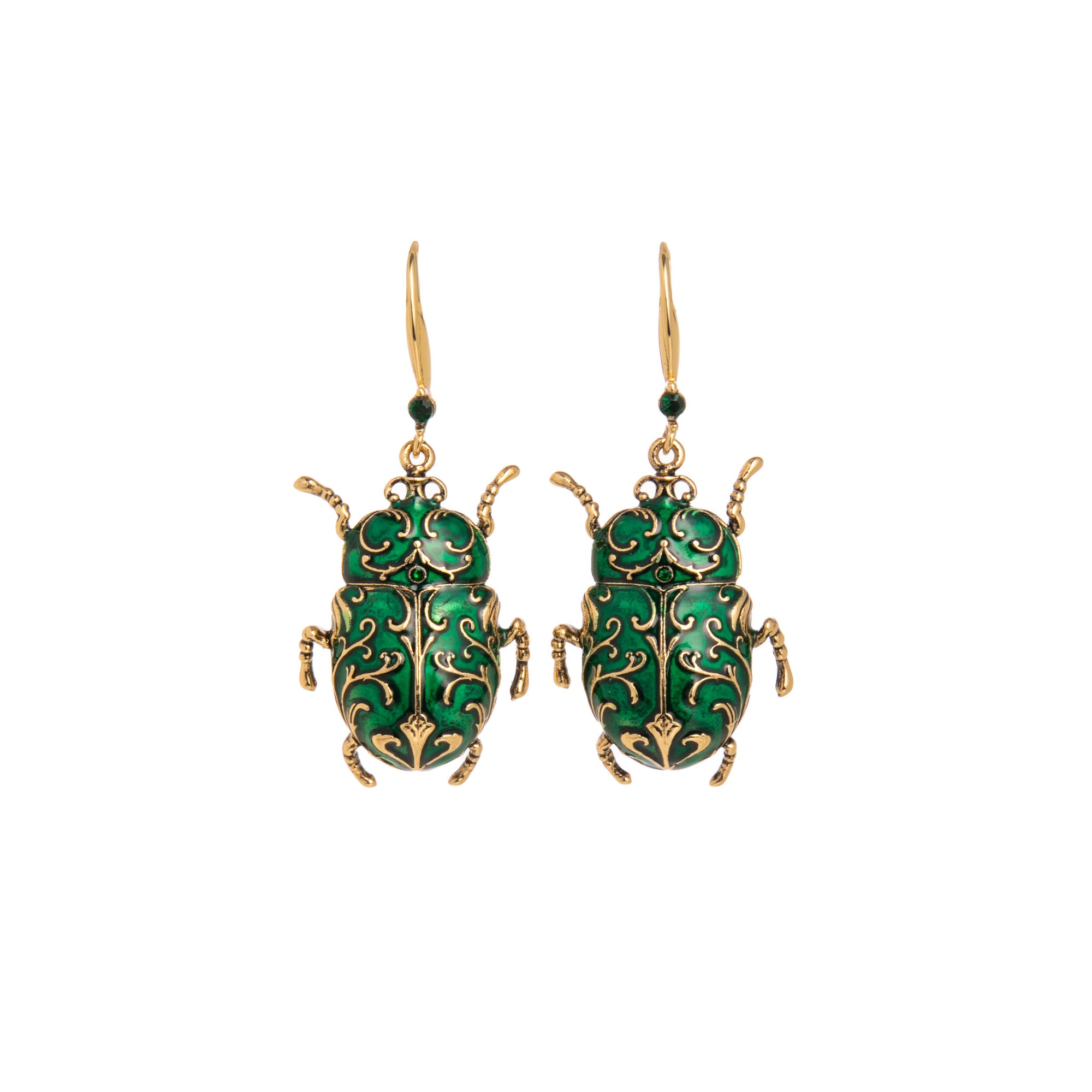 Earrings shaped like scarab beetles in gold with green enamel on a white background.