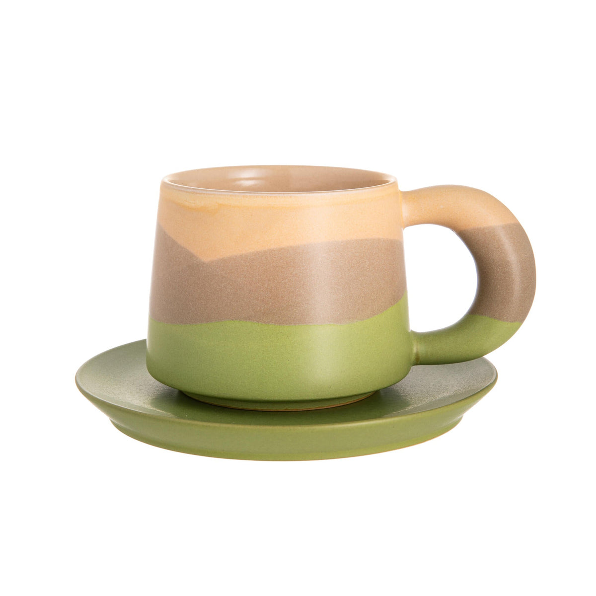 Three-tone ceramic mug and saucer with a gradient from beige to green on a white background
