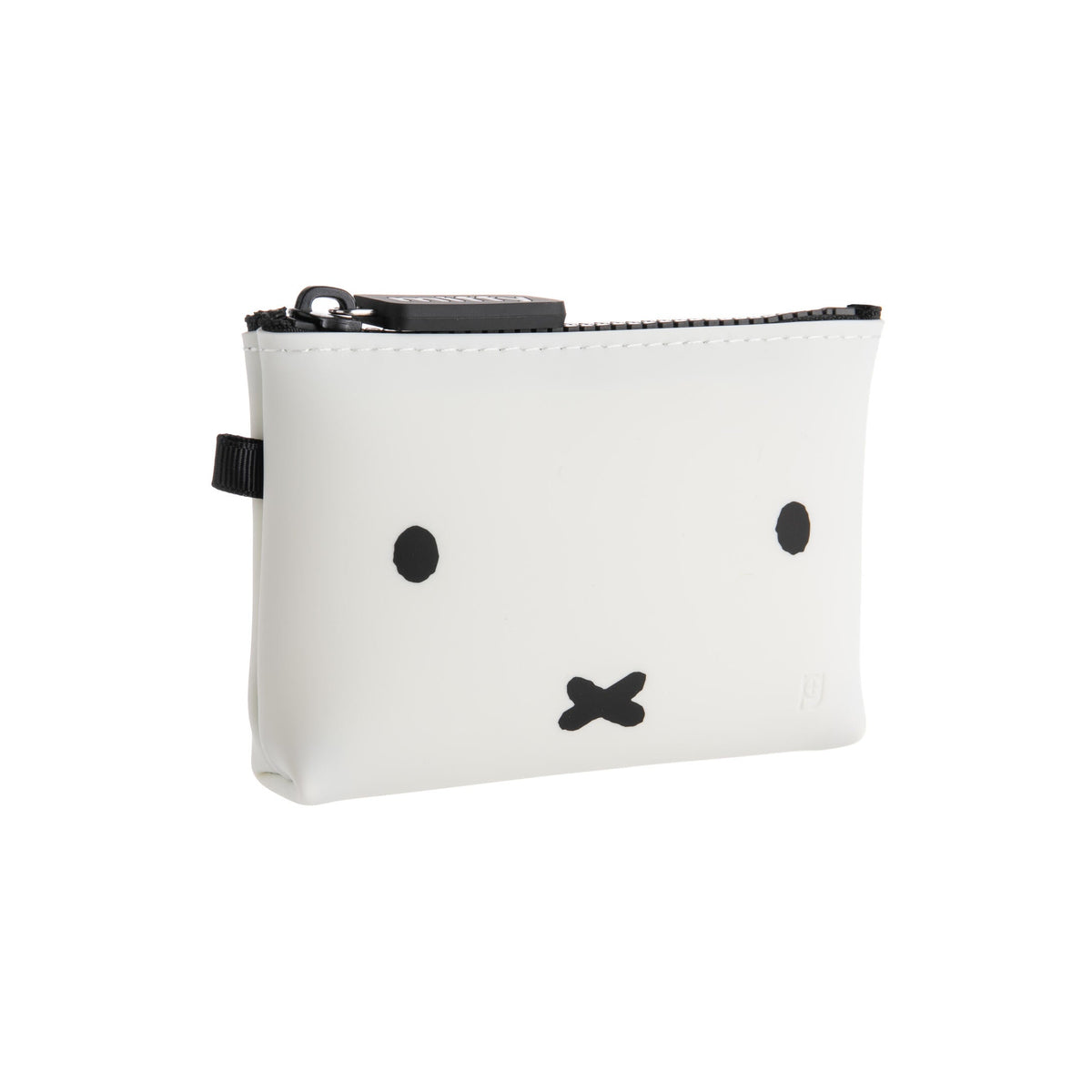White pouch with black zipper and minimalistic Miffy design on a white background