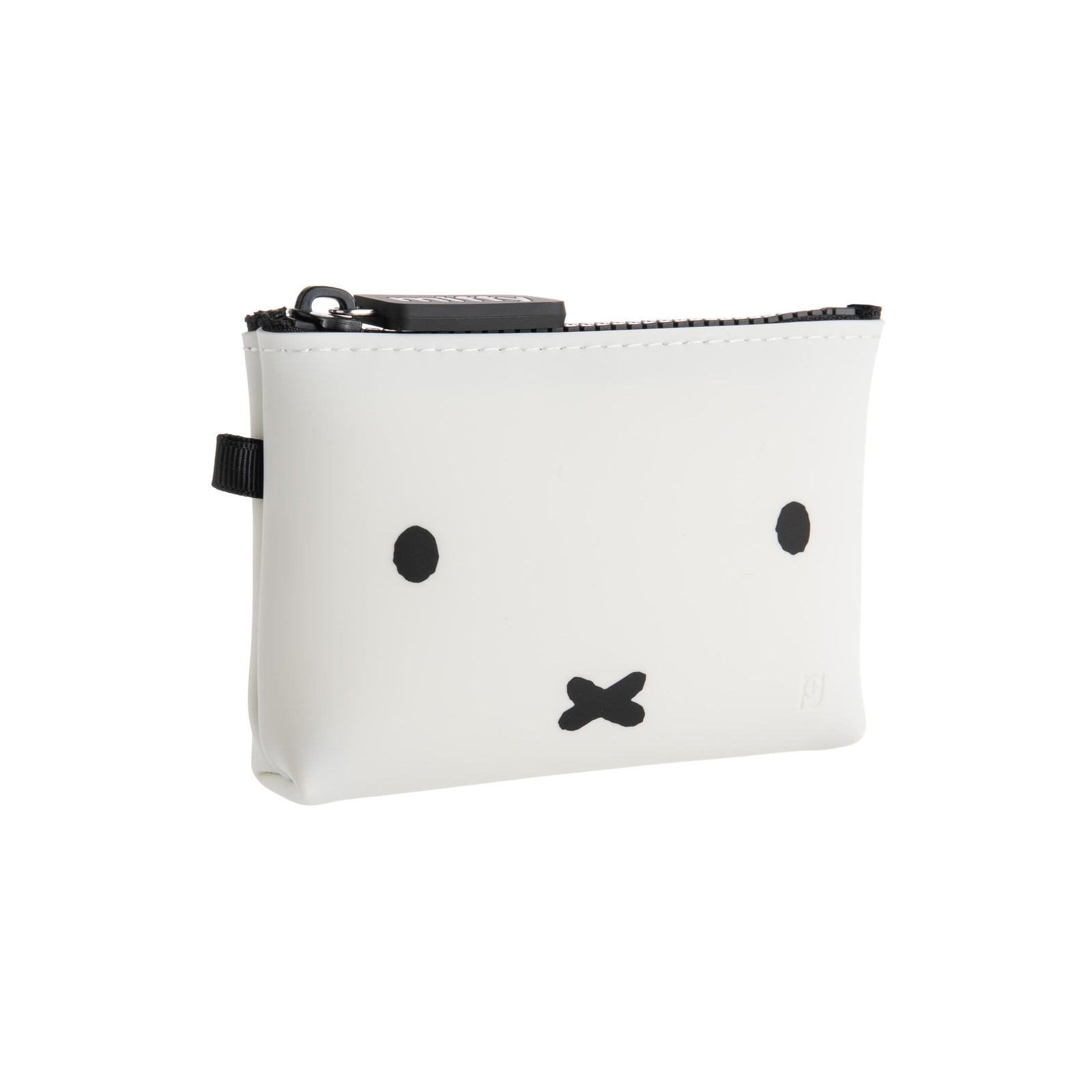 White pouch with black zipper and minimalistic Miffy design on a white background