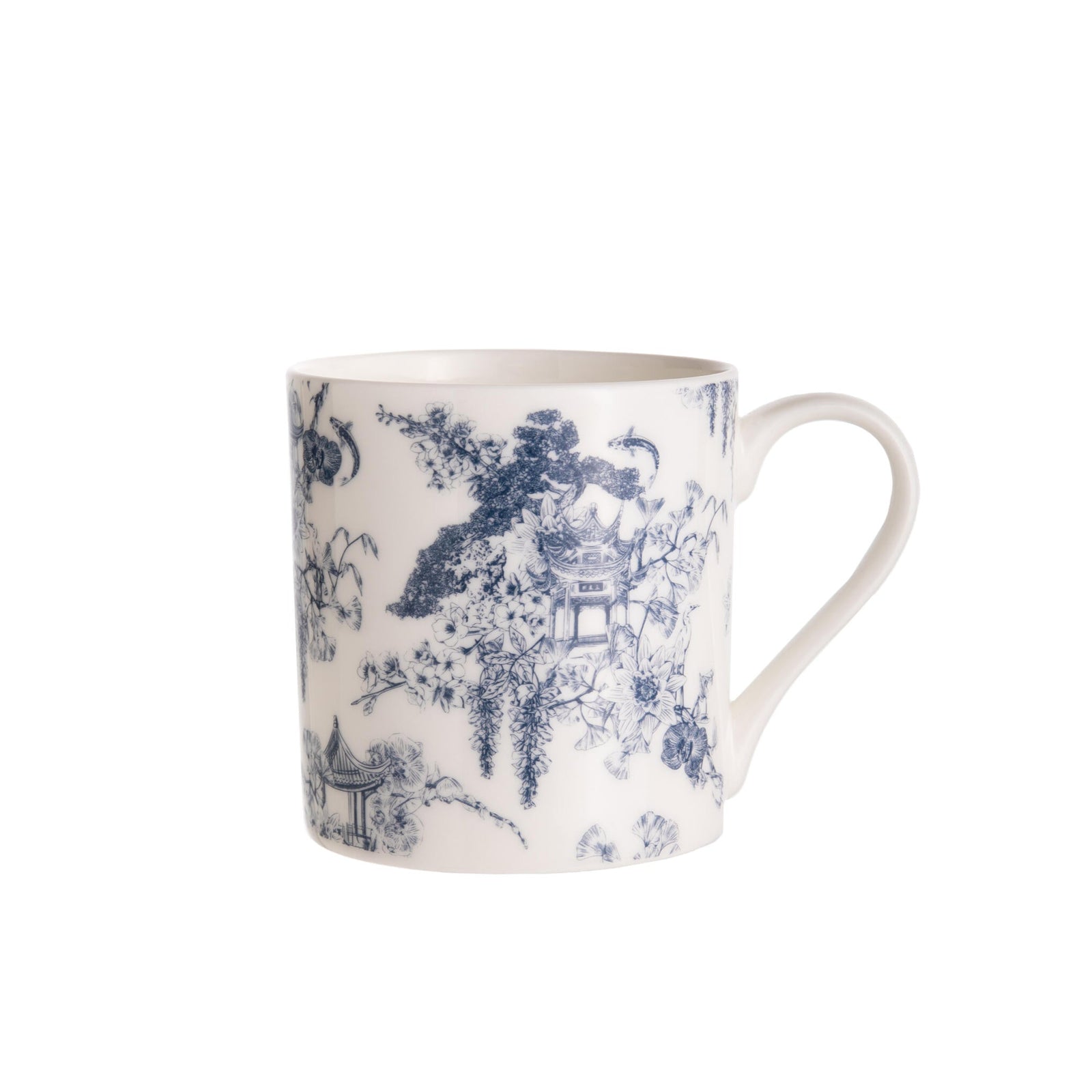 A white ceramic mug with a blue Asian gardens toile print, featuring pastel scenes and floral elements.