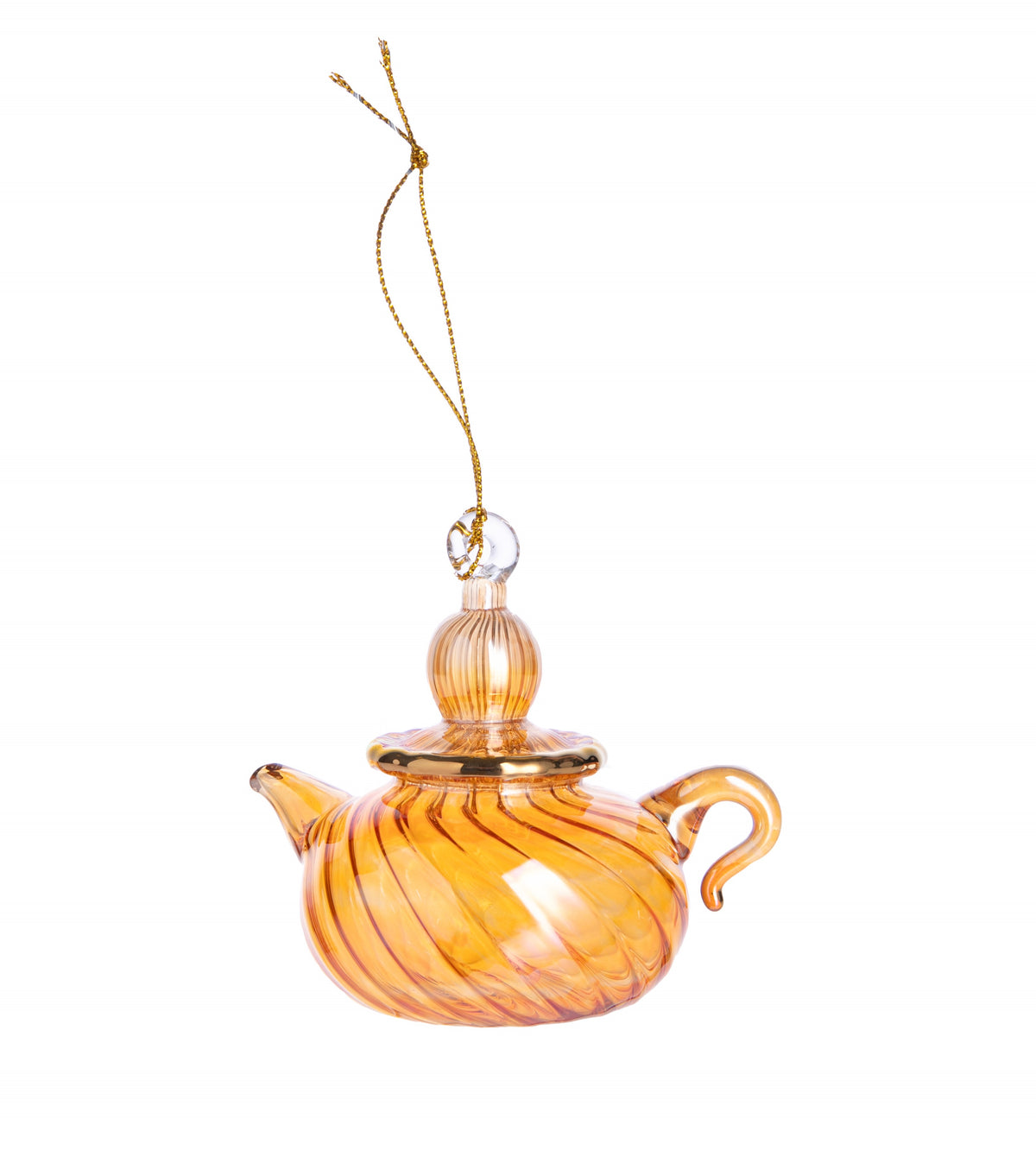 A hand-blown glass teapot ornament with orange and yellow swirl details, hanging with a golden thread.