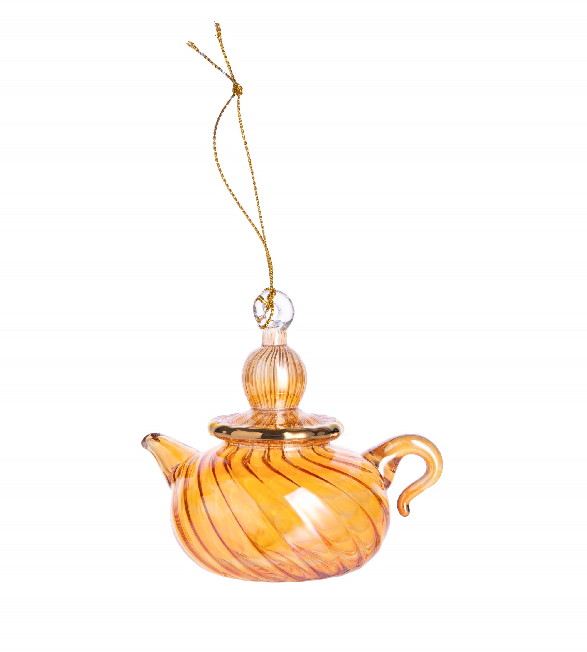A hand-blown glass teapot ornament with orange and yellow swirl details, hanging with a golden thread.