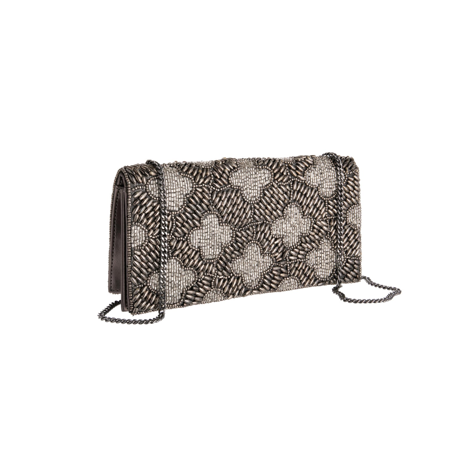 A clutch purse with a beaded, geometric pattern in black and silver colors, featuring a detachable chain shoulder strap.