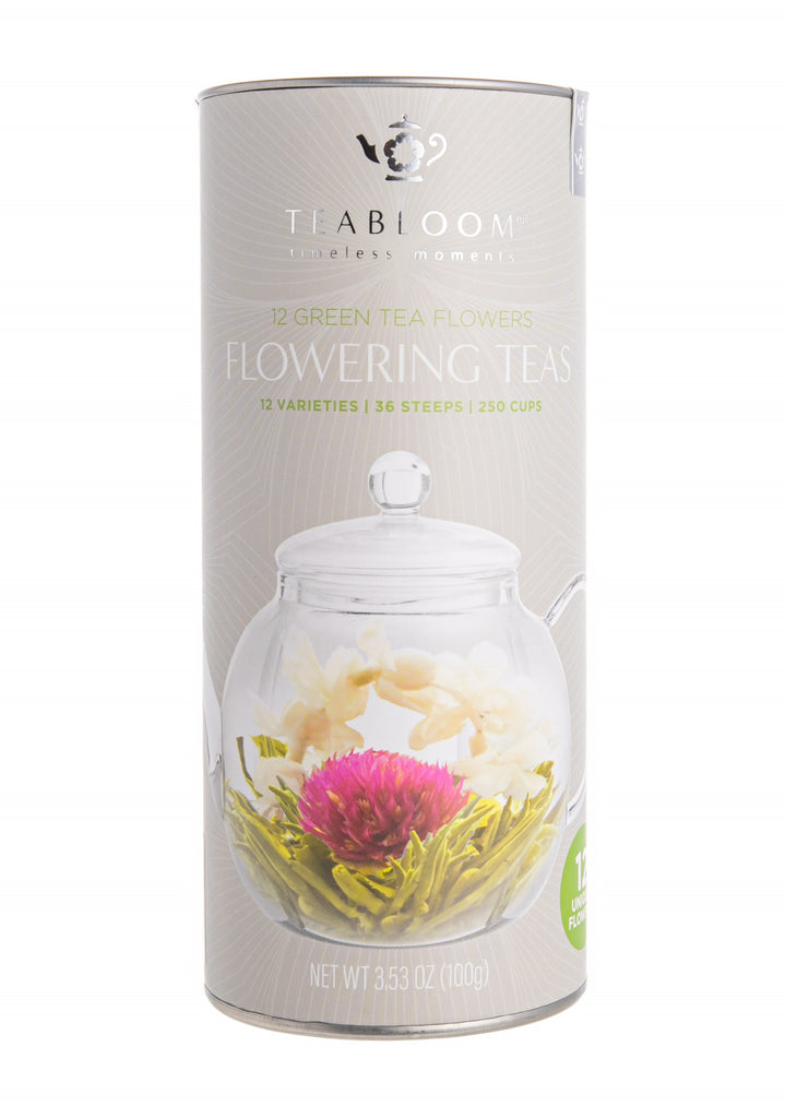 Are you ready to take your green tea to the next level? Turn your tea into a botanical art piece with this set of 12 flowering teas made of the highest quality green tea leaves. The flowering tea selection includes Heart Bouquet, Jasmine Lover, Golden Oasis, Floral Passion, Sunset Love, Fairy Lily, Eternal Love, Rising Spring, Shooting Star, Fireplace Bloom, Dancing Leaves, and Enchanting Beauty.