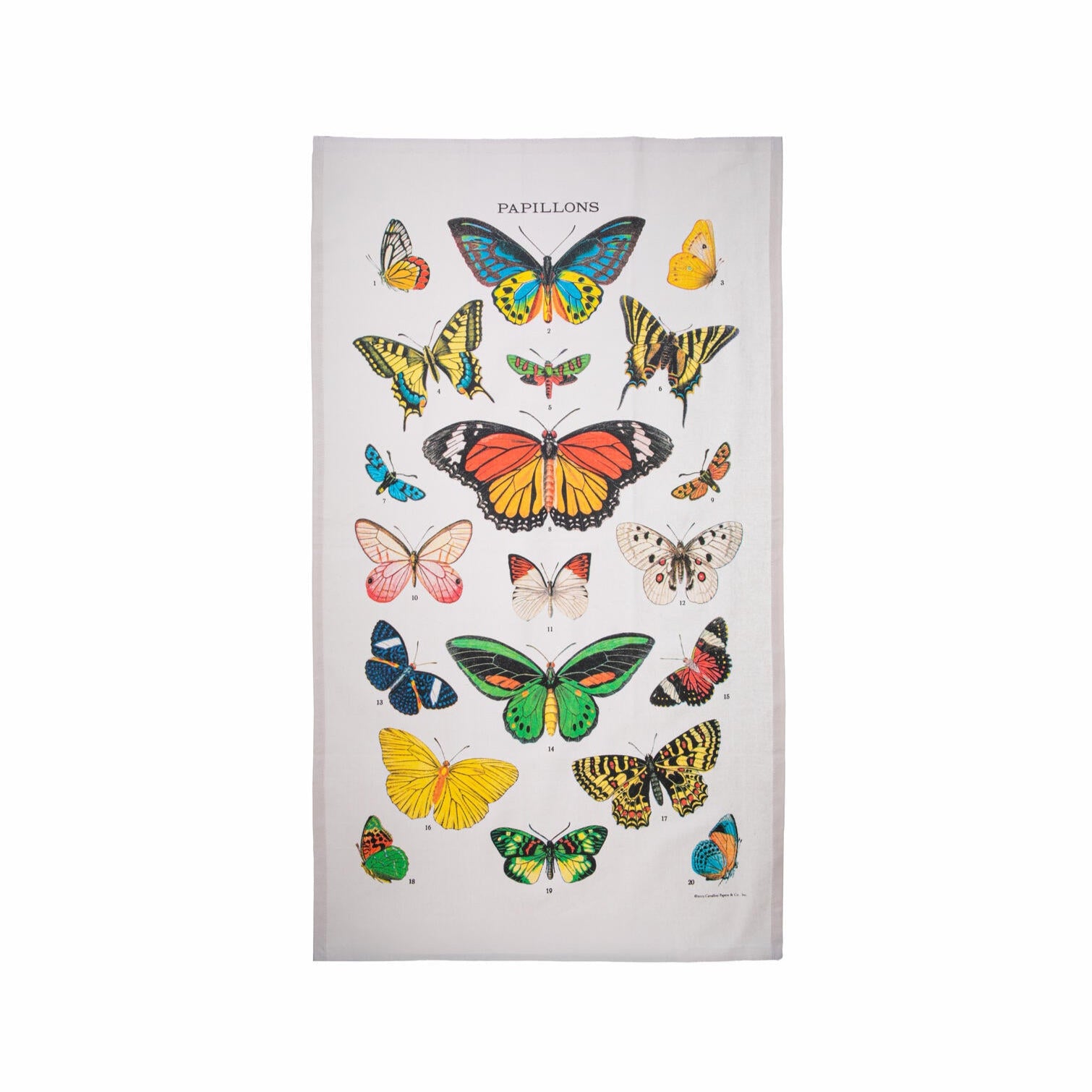 Add a flutter of botanical color to your kitchen with this delightful and generously sized tea towel. It features vibrant vintage botanical butterfly drawings printed onto soft, absorbent cotton. Dimensions: 19" x 33" Material: 100% cotton Loop in one corner for easy hanging Packaged in a drawstring cotton bag, perfect for gifting