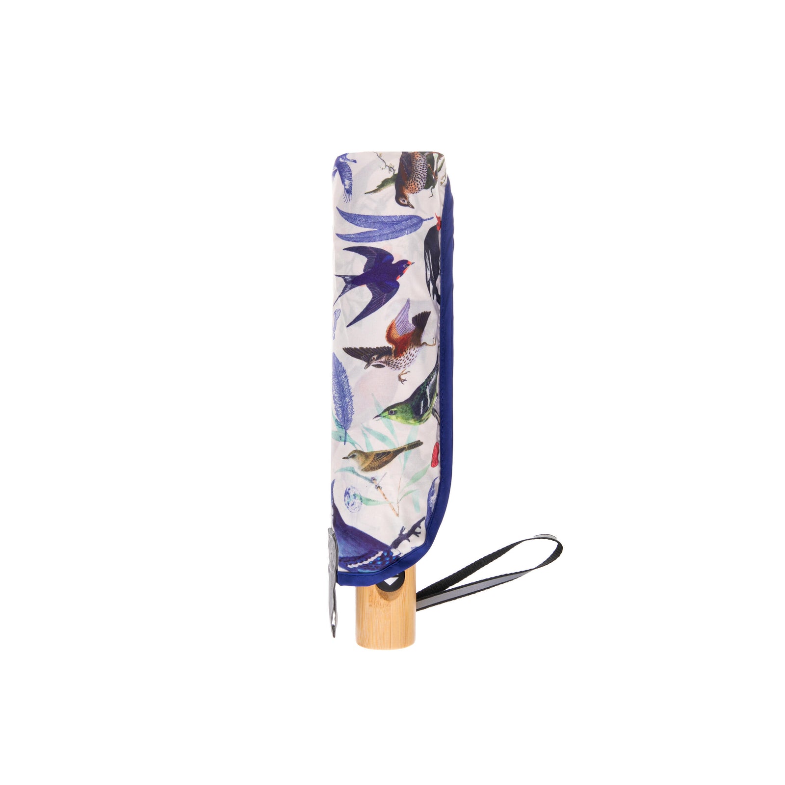 Colorful umbrella with bird pattern on a white background