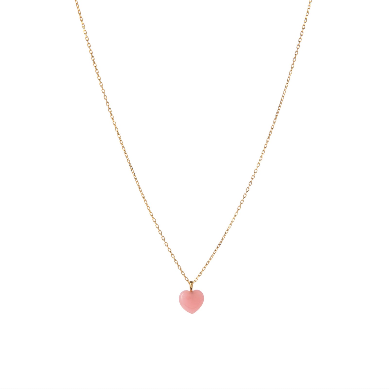 Necklace with a pink heart-shaped pendant on a white background