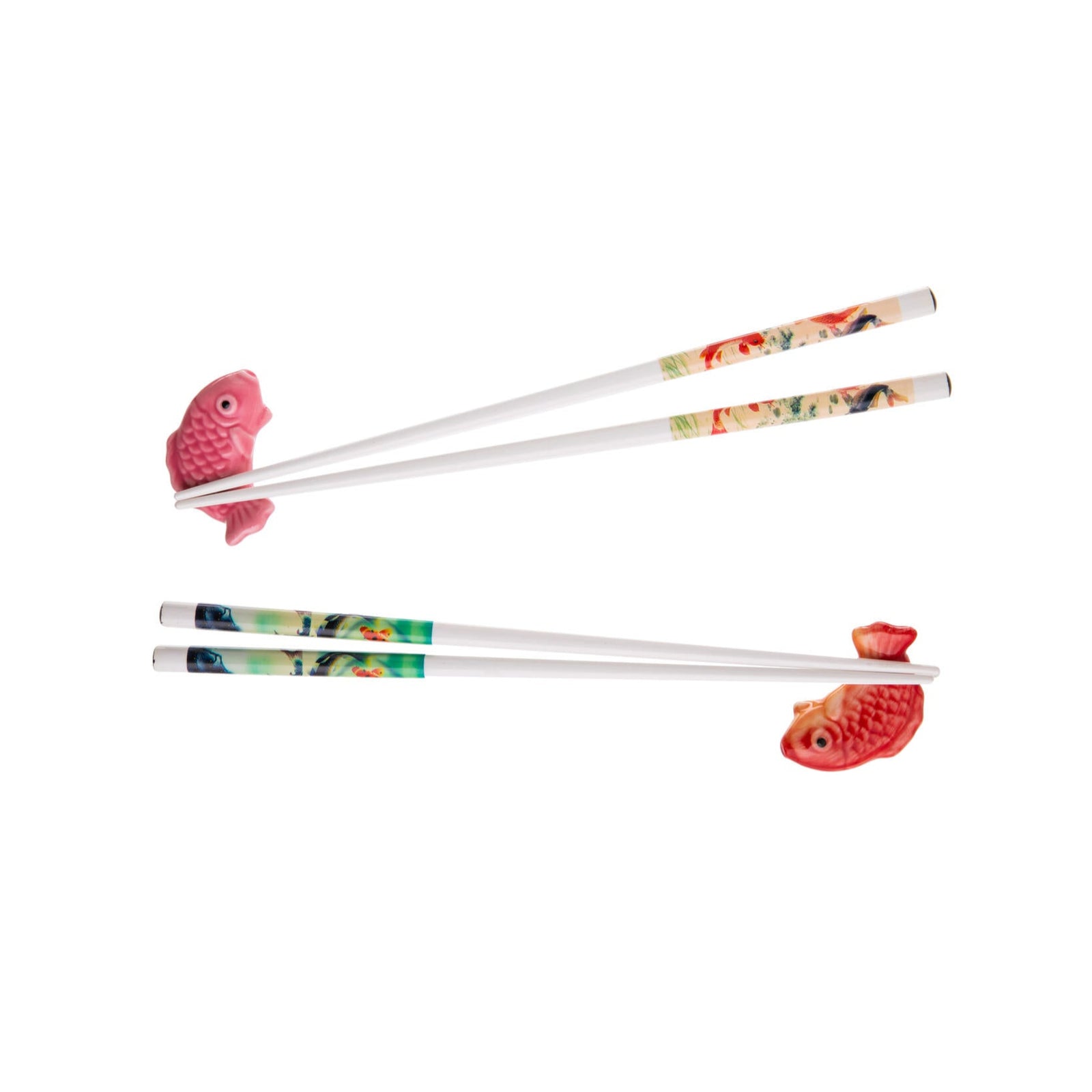 This joyful chopstick set contains two sets of chopsticks, beautifully decorated with Koi fish, swirling around azure waters. The set also contains two ceramic Koi chopstick rests, one orange, and one pink. This boxed set is sure to instill a sense of serenity, whenever it is used. 