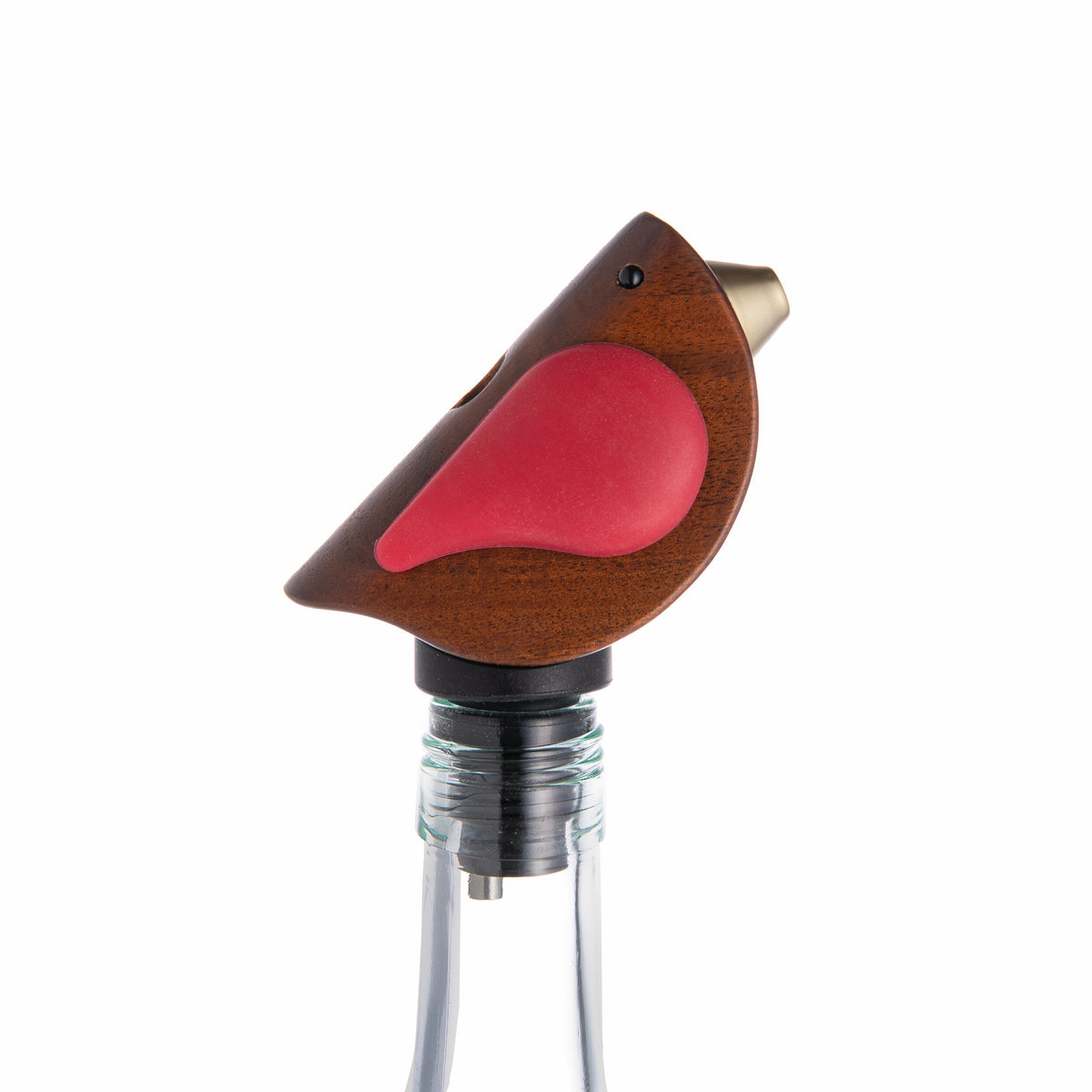 Bird-shaped wine bottle stopper with red center and brown wings on a white background