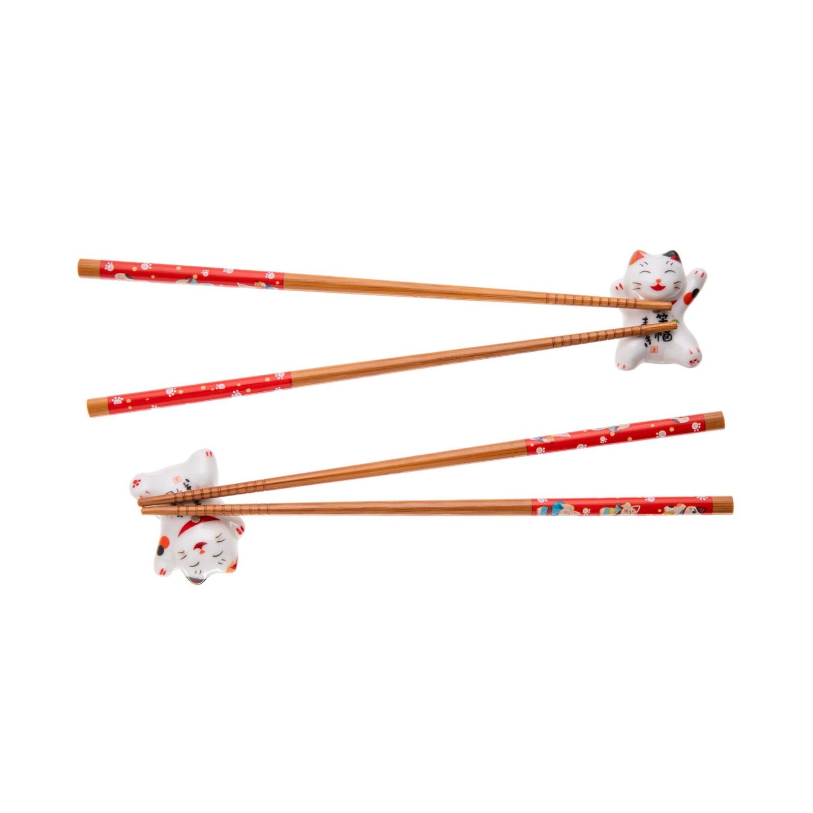 This delightfully lucky chopstick set contains two sets of chopsticks, beautifully decorated with smiling, lucky cats. The set also contains two ceramic lucky cat chopstick rests. This boxed set is sure to raise a smile, whenever it is used.